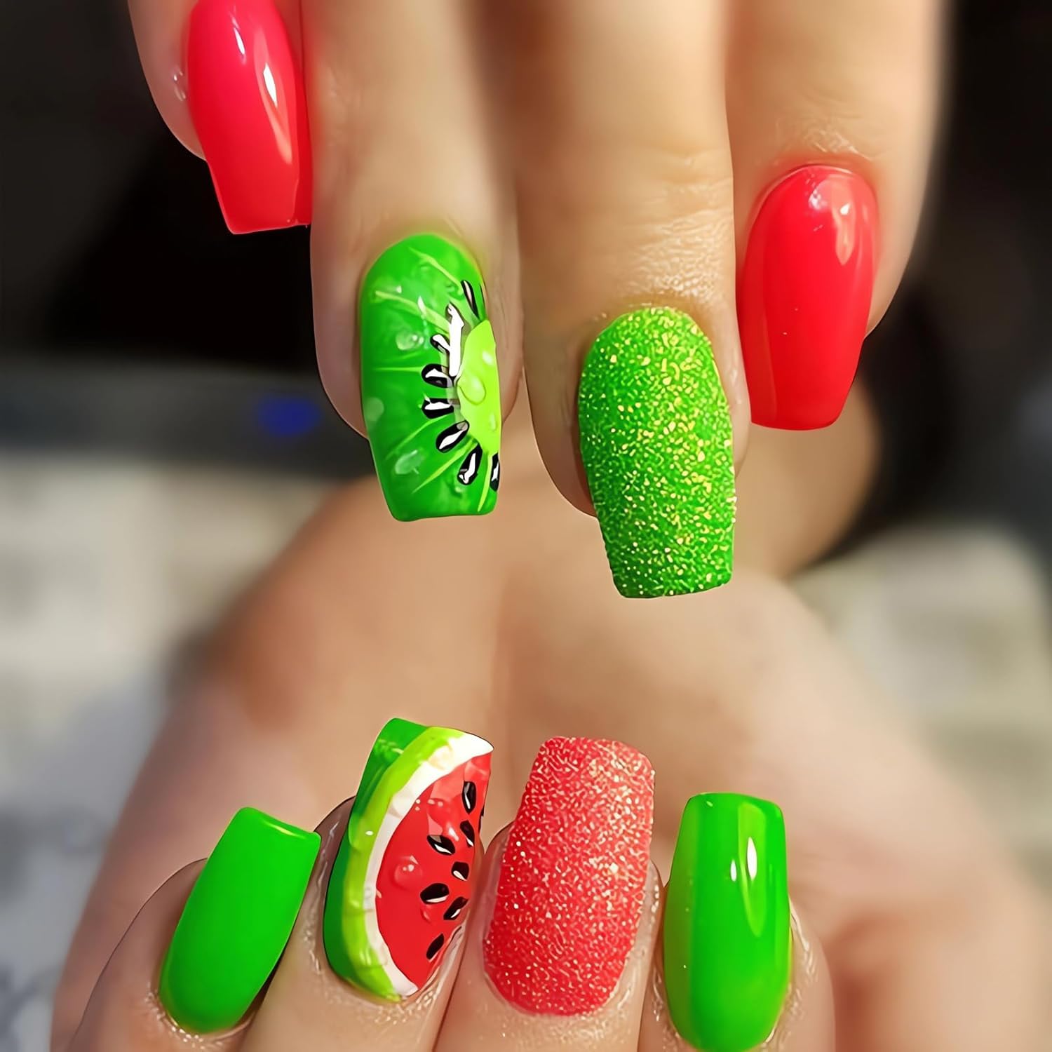 SINSEN Summer Press on Nails Square Shape Fake Nails Medium Length False Nails Press ons with Watermelon Designs Cute Acrylic Glue on Nails Reusable Stick on Nails for Women DIY Manicure, 24PCS