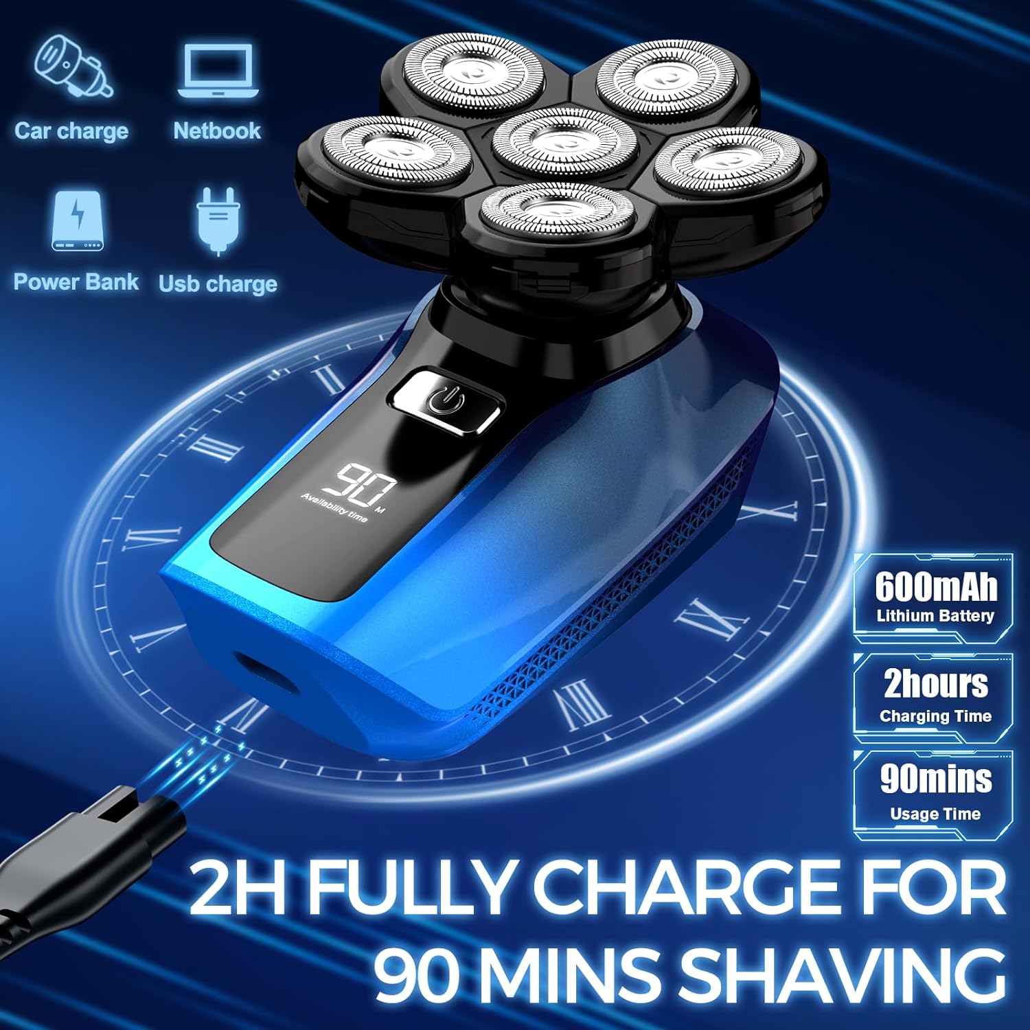 Head Shaver for Bald Men,6 in 1 Bald Head Shavers for Men Cordless,Waterproof Wet Dry 6 Head Mens Electric Shavers for Head Face Shaving,Rechargeable Electric Razor for Men,USB Mans Shaver Hair Razor