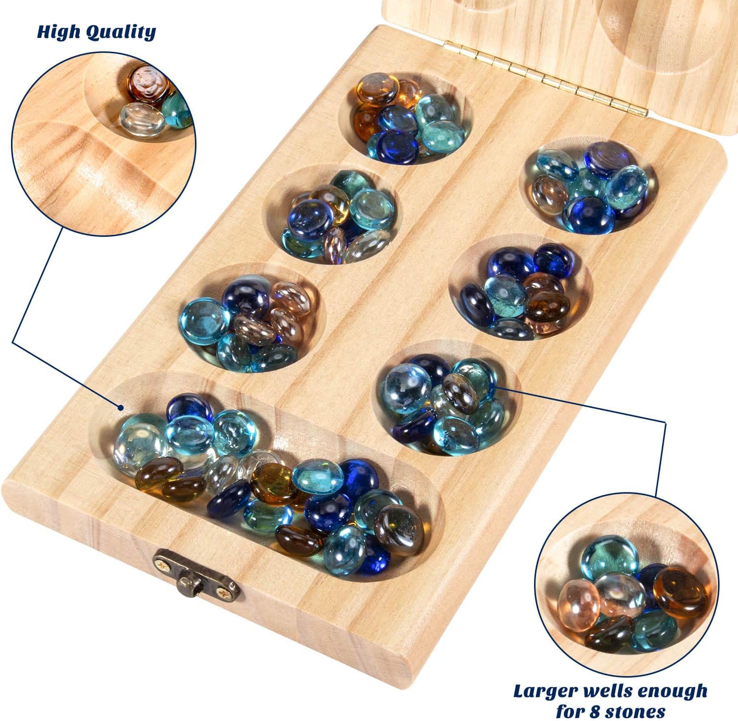 AMEROUS Wooden Mancala Board Game Set - Folding Board - 72+8 Bonus Multi Color Glass Stones - Gift Package - Mancale Instructions, Portable Travel Board Game for Kids and Adults