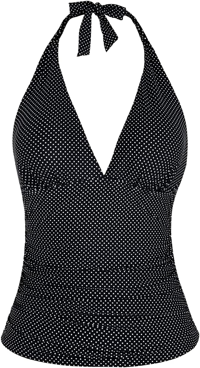 Hilor Women's Plunging V Neck Halter Swim Tops Shirred Tankini Top