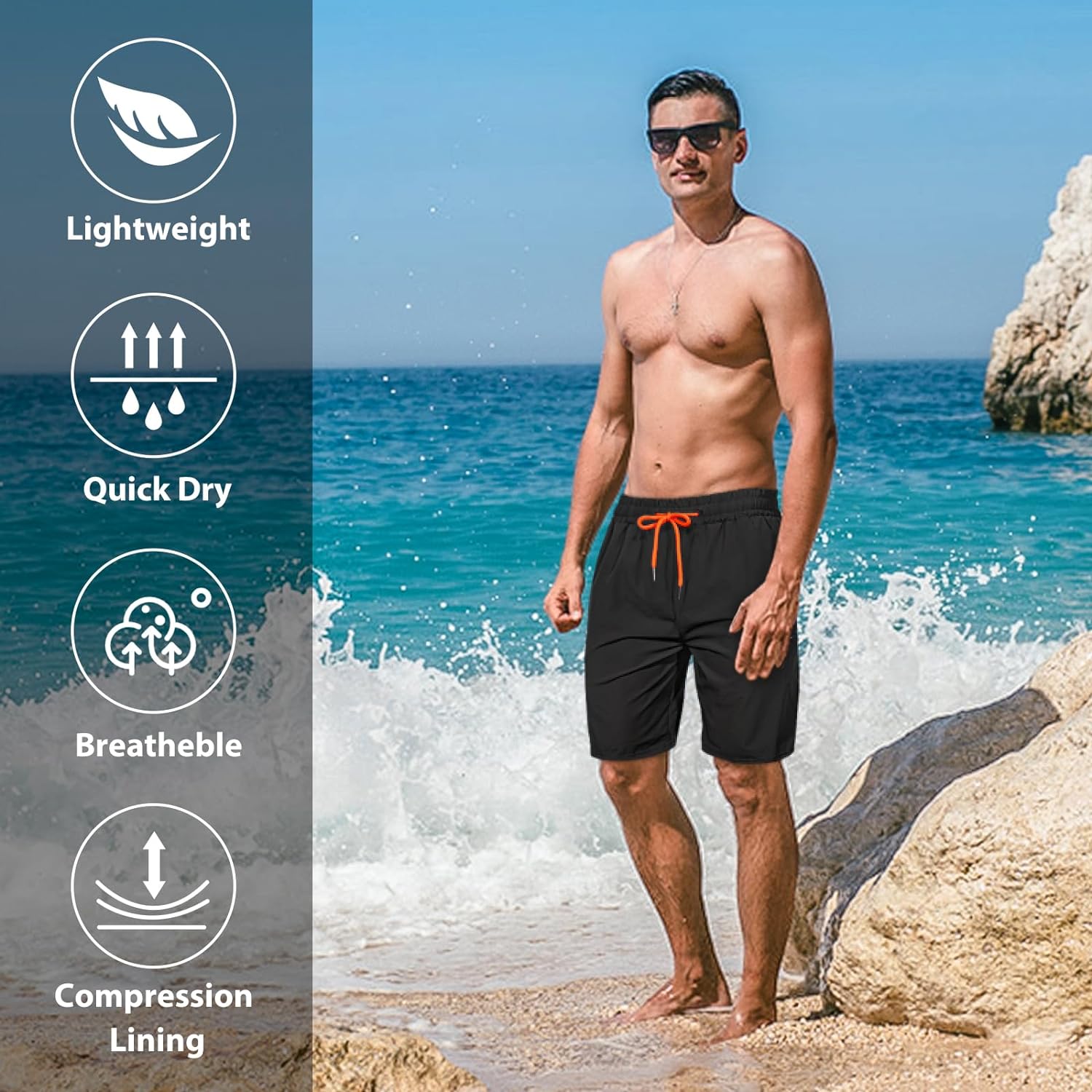 Mens Swim Trunks with Compression Liner Quick Dry Swimsuit 7 inch Inseam Swimming Shorts with Zipper Pockets