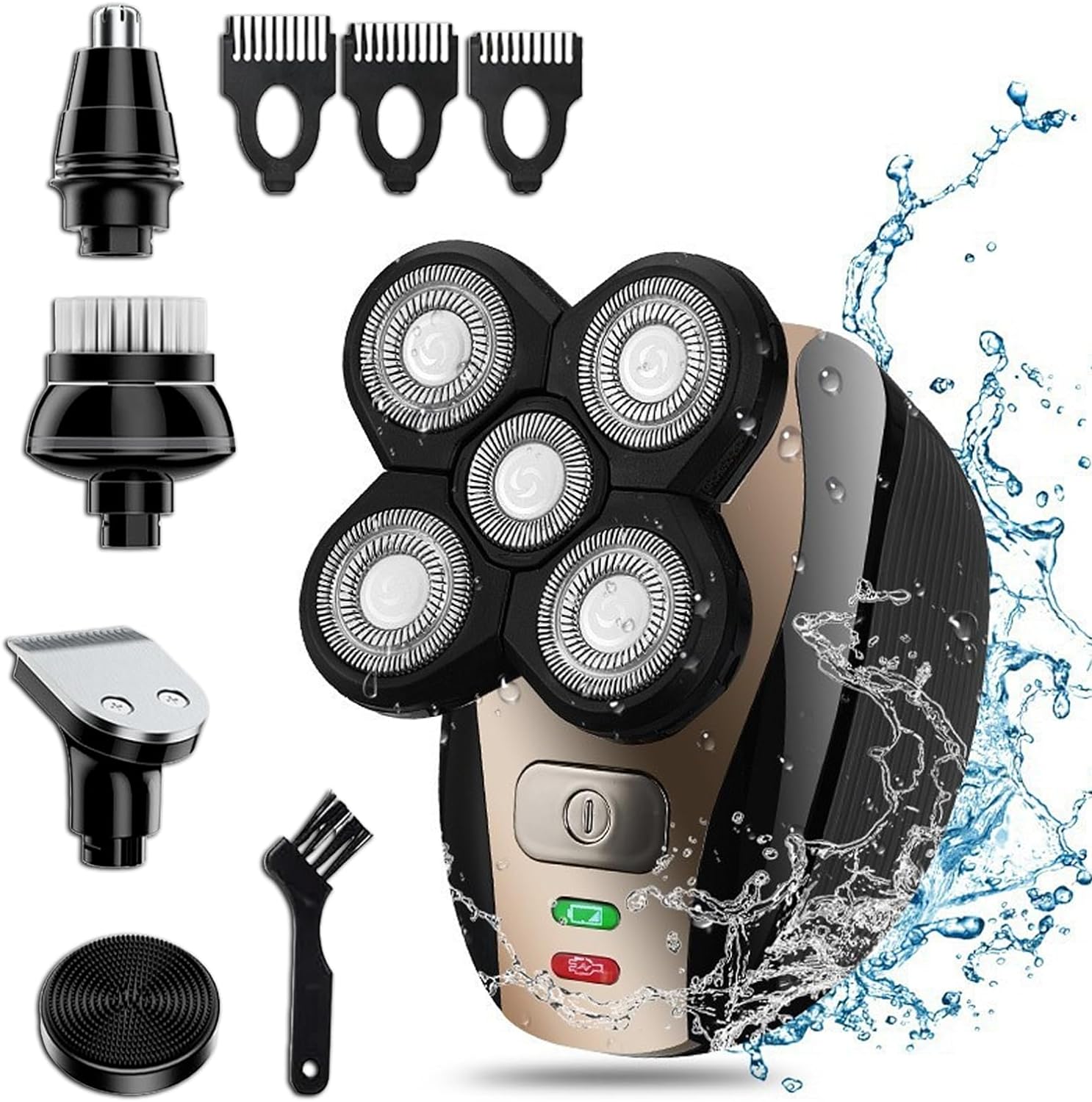 5-in-1 Rotary Electric Razor Bald Head Shaver | 4D Rechargeable and Cordless Beard Trimmer | Includes Skull Shaver, Clippers, Nose Hair Trimmer, Face Scrubber & Facial Cleansing Brush