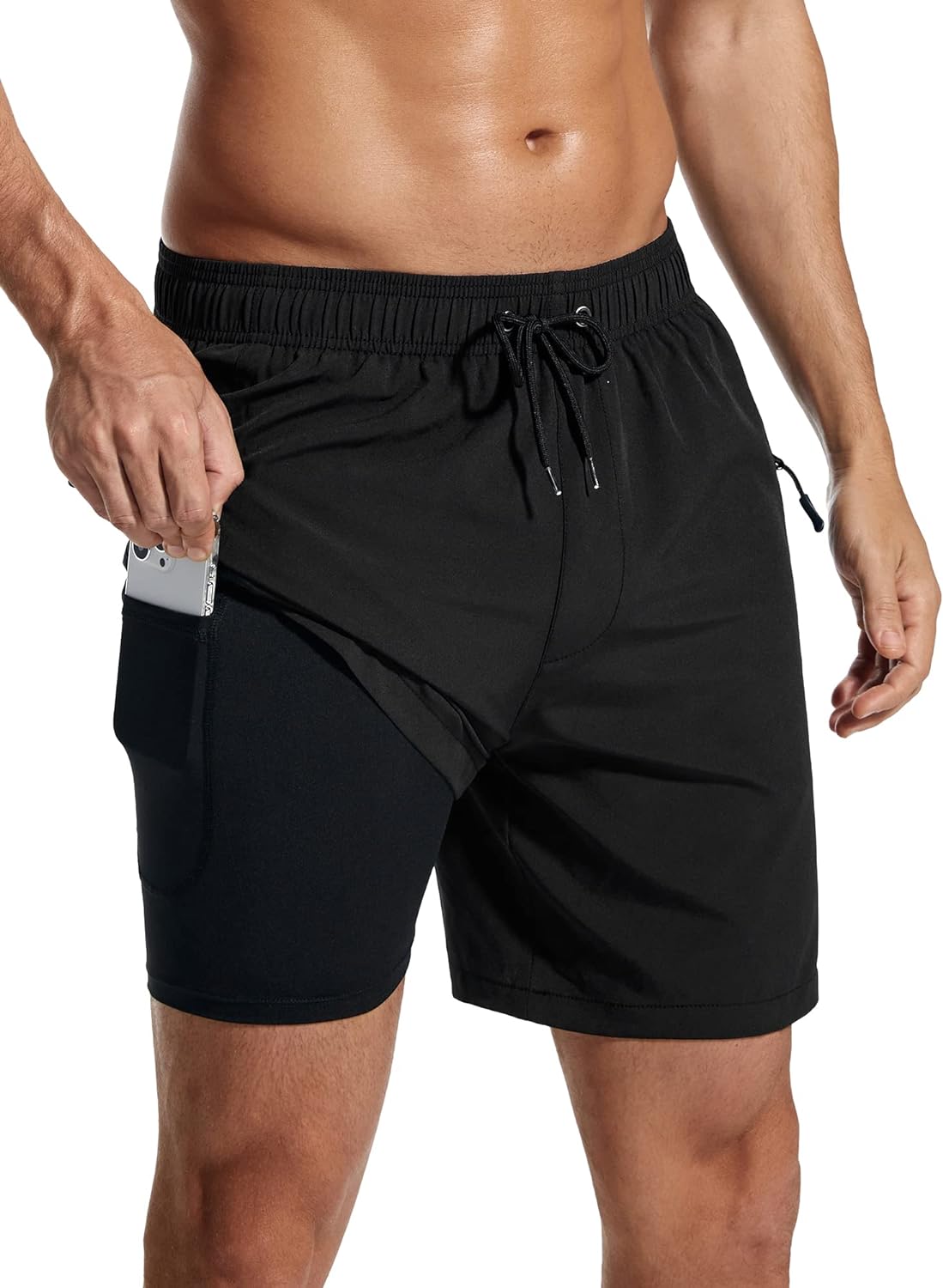 SILKWORLD 5'' 7'' 9'' Inch Mens Swimming Trunks with Compression Liner Quick-Dry Bathing Suit with Zipper Side Pockets