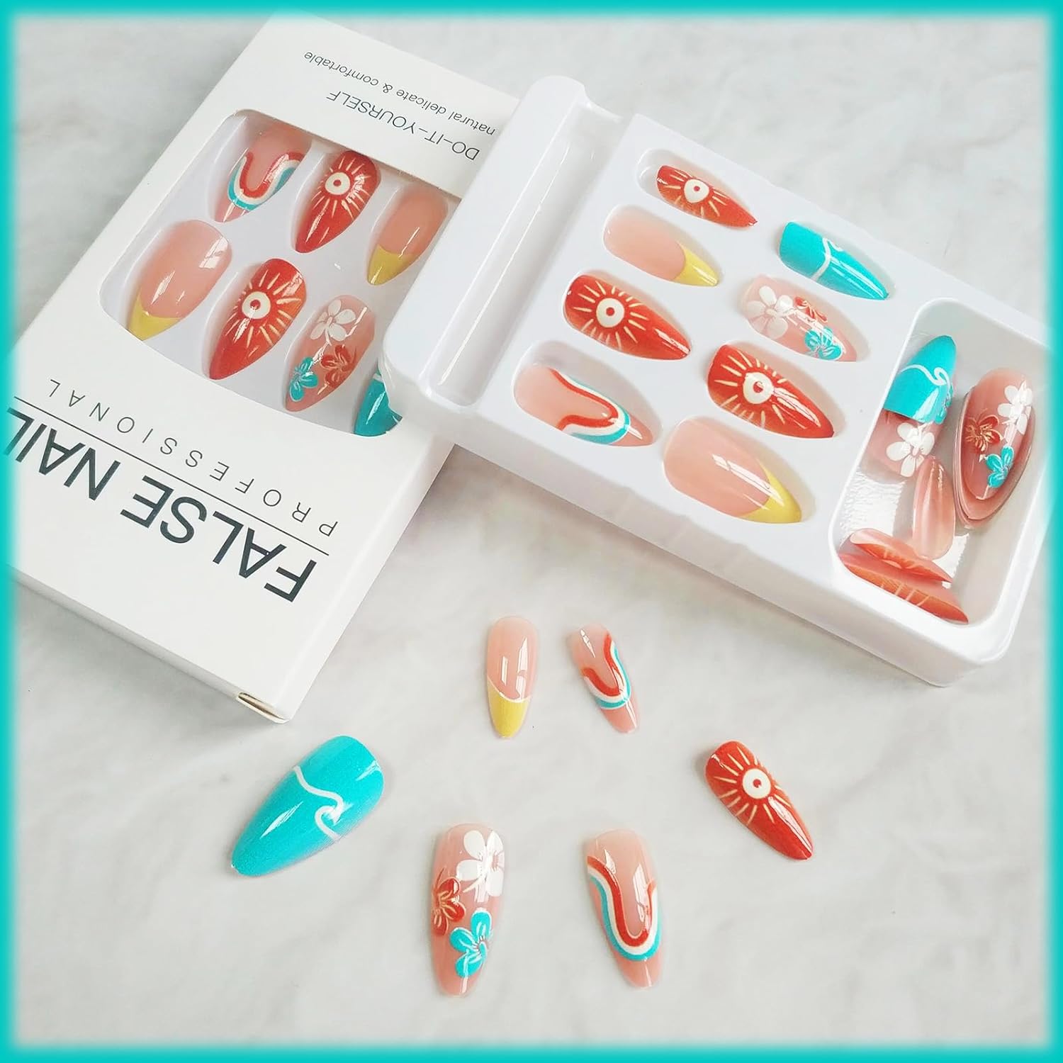 24Pcs Summer Sun Press on Nails French Tips Manicure Art Medium Almond Acrylic False Nails Stick on Nails with Waves Design, Glossy Colorful Curve Line Fake Nails Gel Glue on Nails for Women Girls