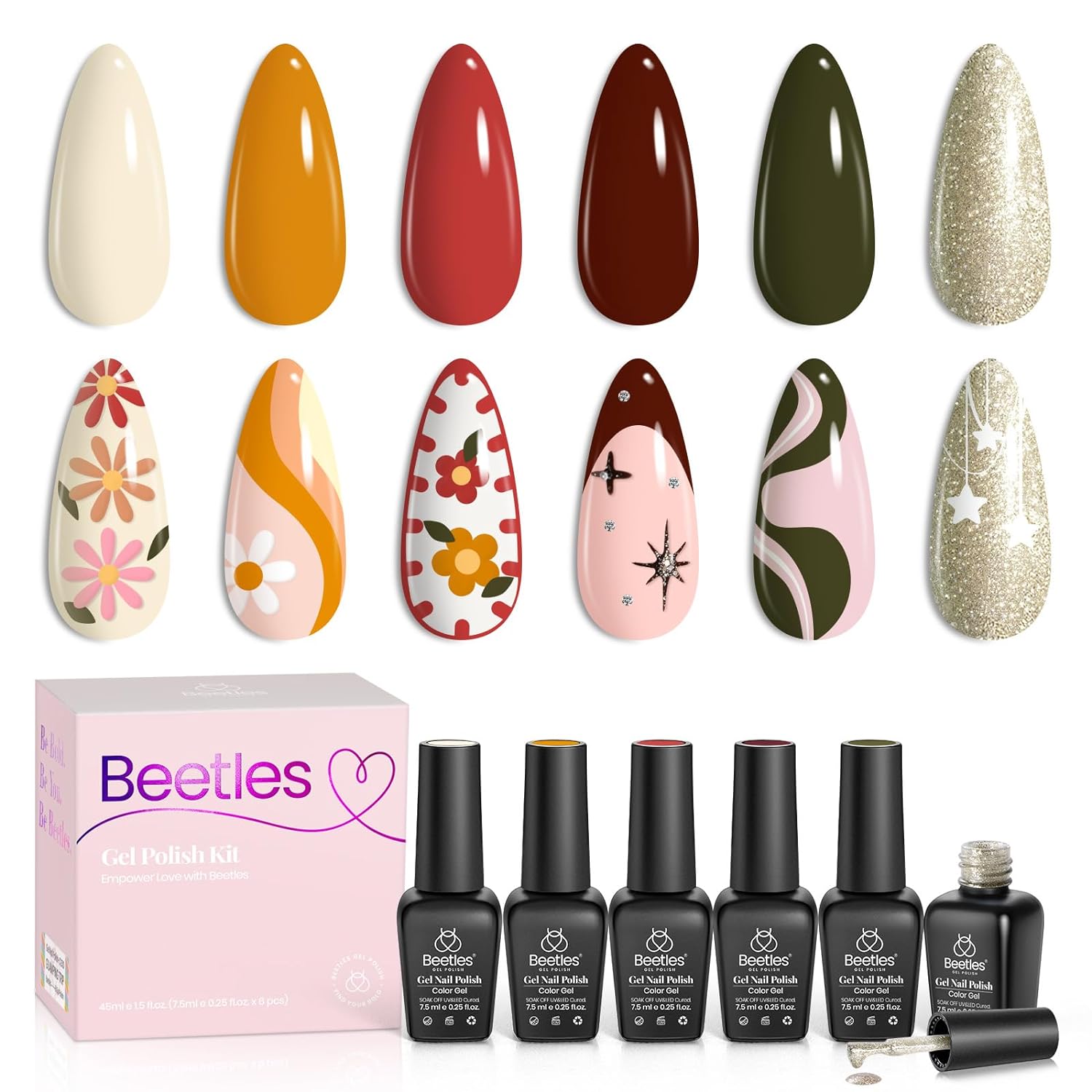 beetles Gel Nail Polish Set 6 Colors Orange Brown Red Green Neutral Glitter Gel Polish Soak Off Uv LED Nail Art Design Manicure for Girls Women 2024 New Gel Nails Holiday Gifts for Her