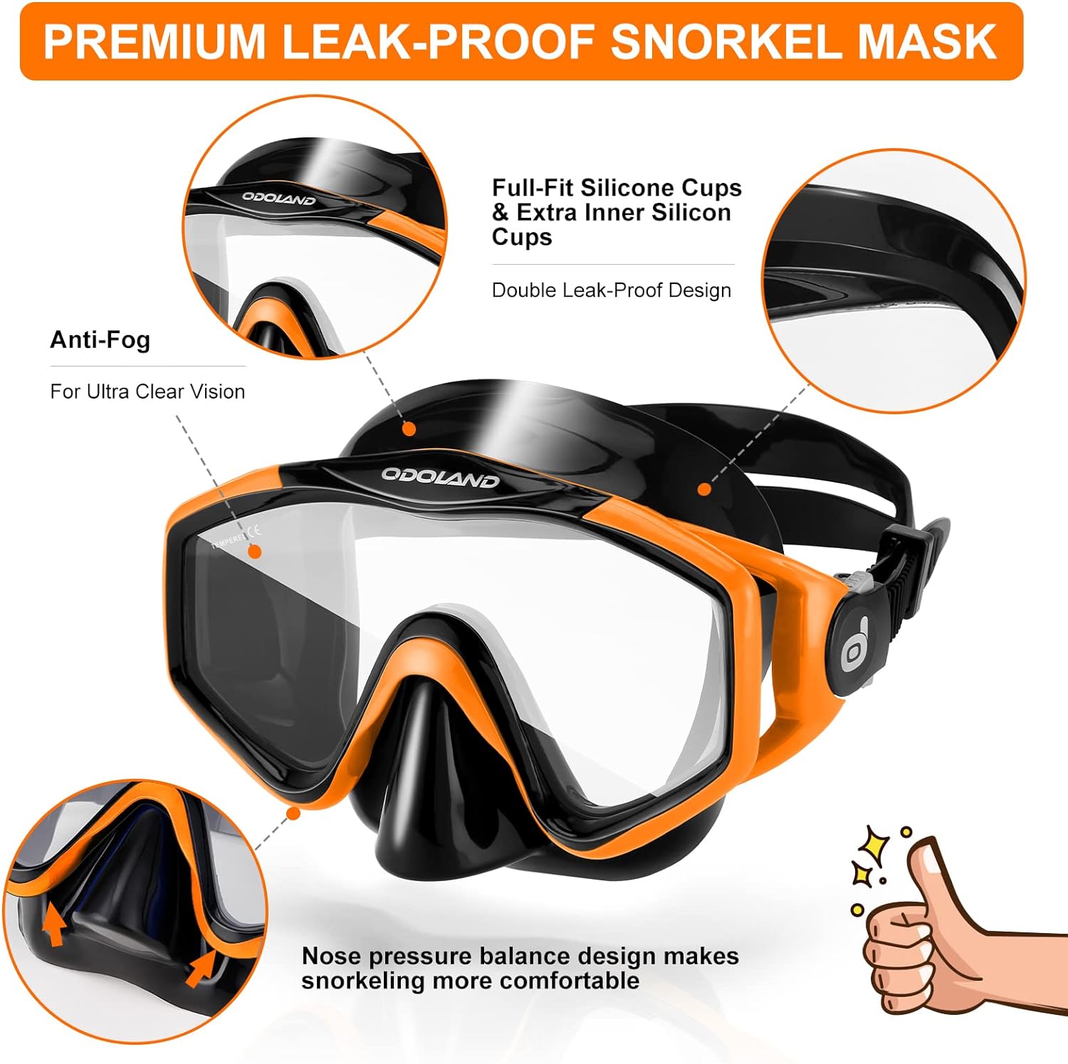 Odoland Snorkel Set, Adults Snorkeling Packages with Dry Top Diving Mask, Adjustable Swim Fins, Mesh Bag, Anti-Fog Anti-Leak Snorkeling Gear for Men Women