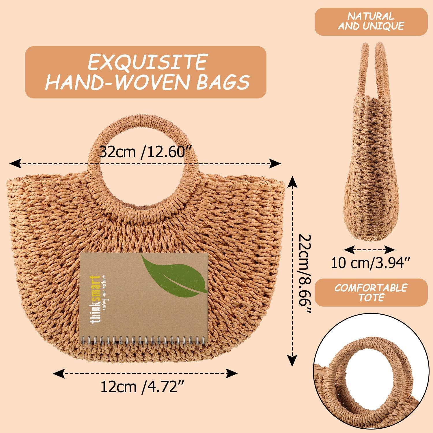 Straw Tote Bag Summer Beach Bag Handmade Straw Rattan Woven Handbag for Women Travel