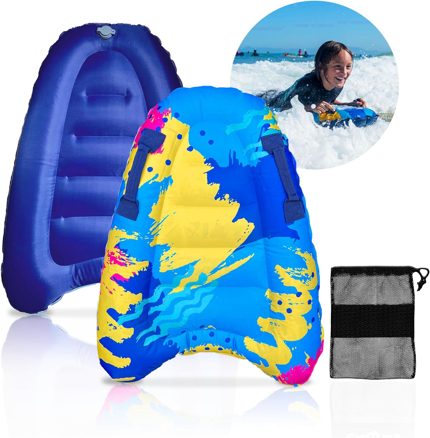 Kids Inflatable Surf Body Board with Handles and New Push-Button Valve, Lightweight Swimming Floating Surfboard Aid Mat Learn to Swim, Beach Safety Theme Surfing with Bonus Case for Board