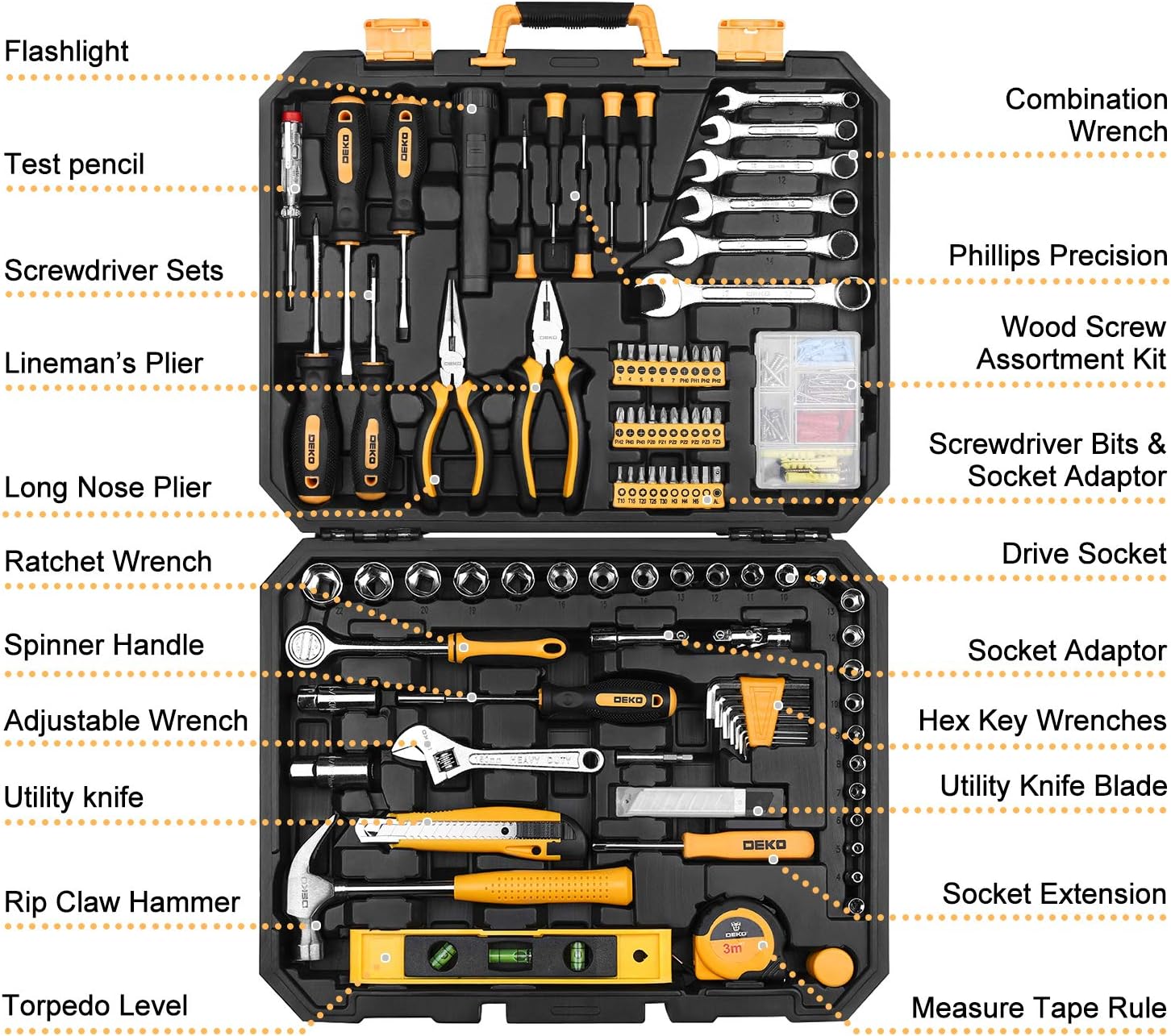 DEKOPRO 208 Piece Tool Set,General Household Hand Tool Kit, Auto Repair Tool Box with Plastic Toolbox Storage Case