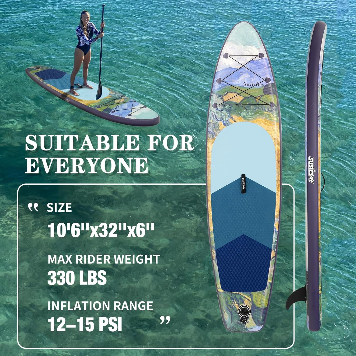 Inflatable Paddle Board, 10‘6“ Stand UP Paddle Board for Adult with SUP Accessories, Wide Stance for All Levels, Traveling Board, Sup Board,10L Waterproof Bag, Double Action Pump