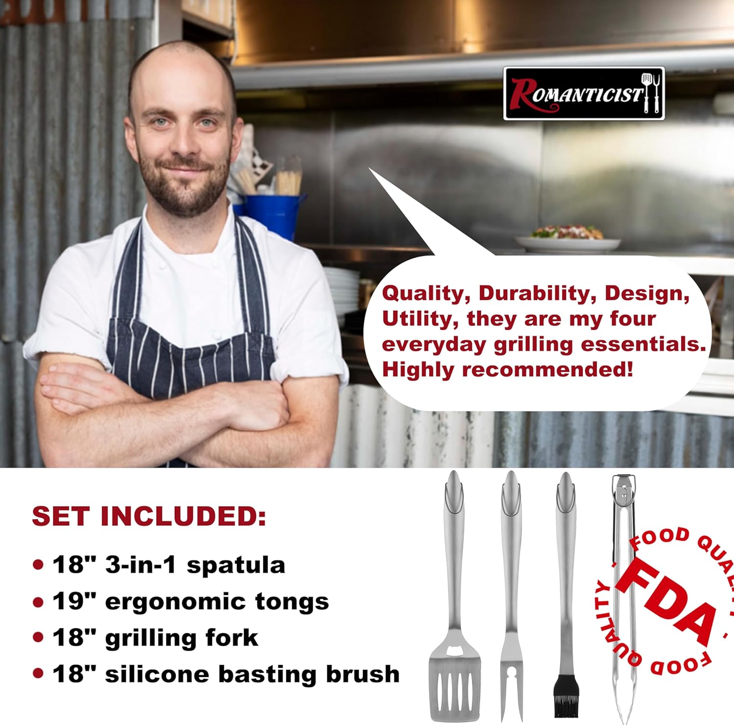 ROMANTICIST 4pc Heavy Duty Grill Accessories for Top Chef - Professional Grill Tools Set & Basic BBQ Tools for Backyard Restaurant Outdoor Kitchen - Deluxe Grill Gift for Dad on Father’s Day Birthday