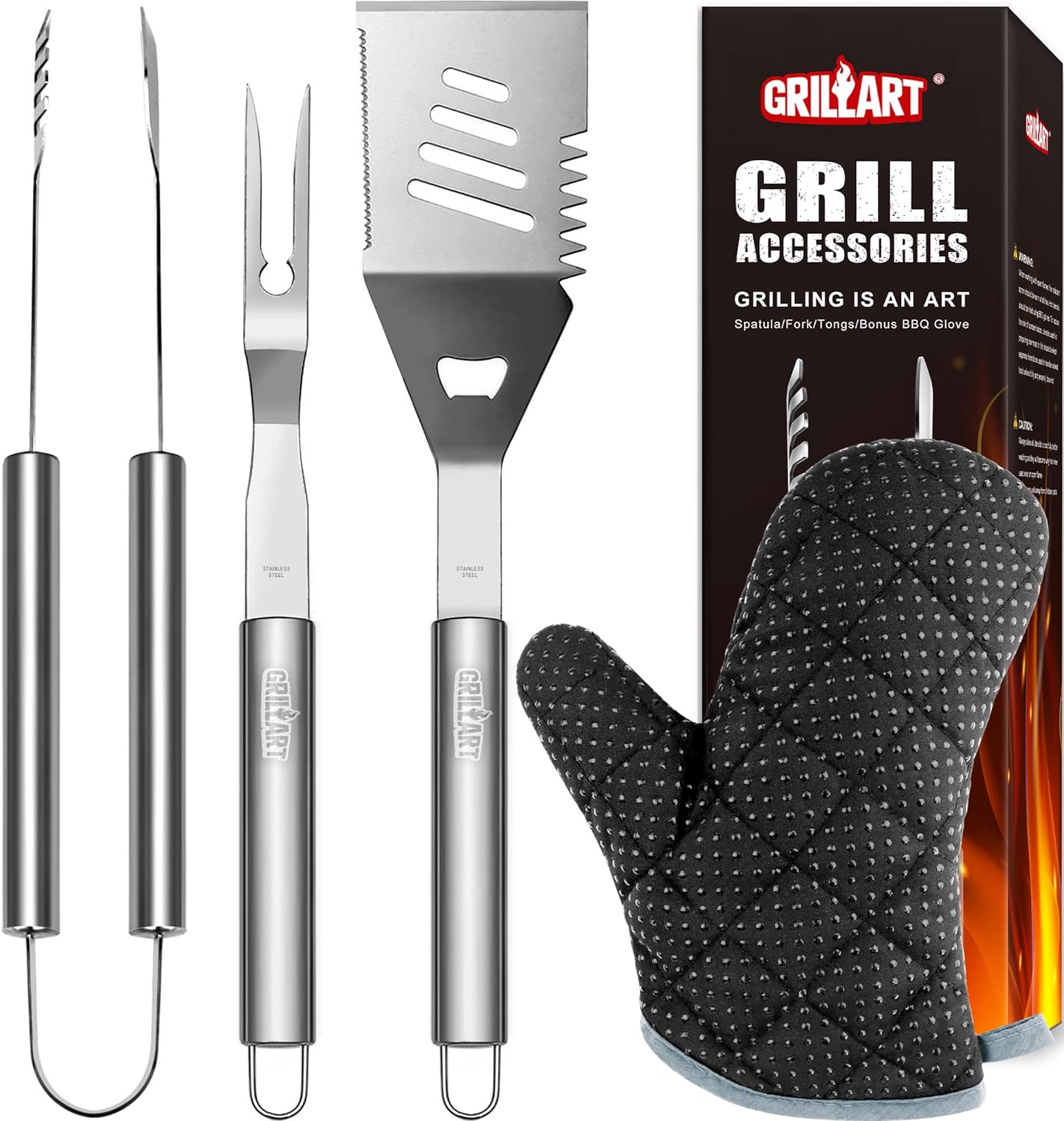 GRILLART Grill Tools Grill Utensils Set - 3PCS BBQ Tools, Stainless Barbeque Grill Accessories - Spatula/Tongs/Fork, with Insulated Glove, Ideal BBQ Set Grilling Tools for Outdoor Grill, Gifts for Men