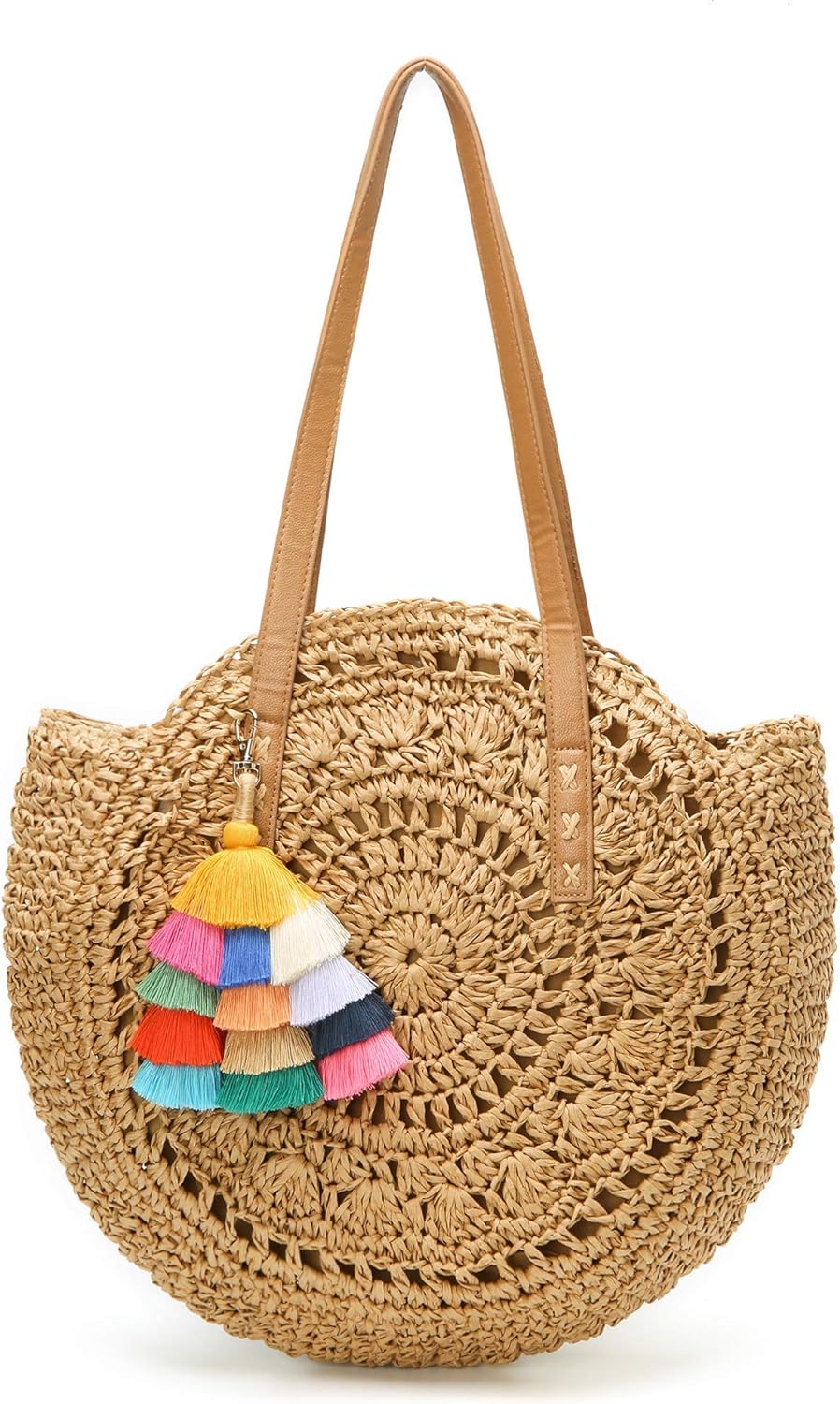 Straw Bag Round Summer Straw Large Woven Beach Bag Purse For Women Vocation Tote Handbags With Pom Poms