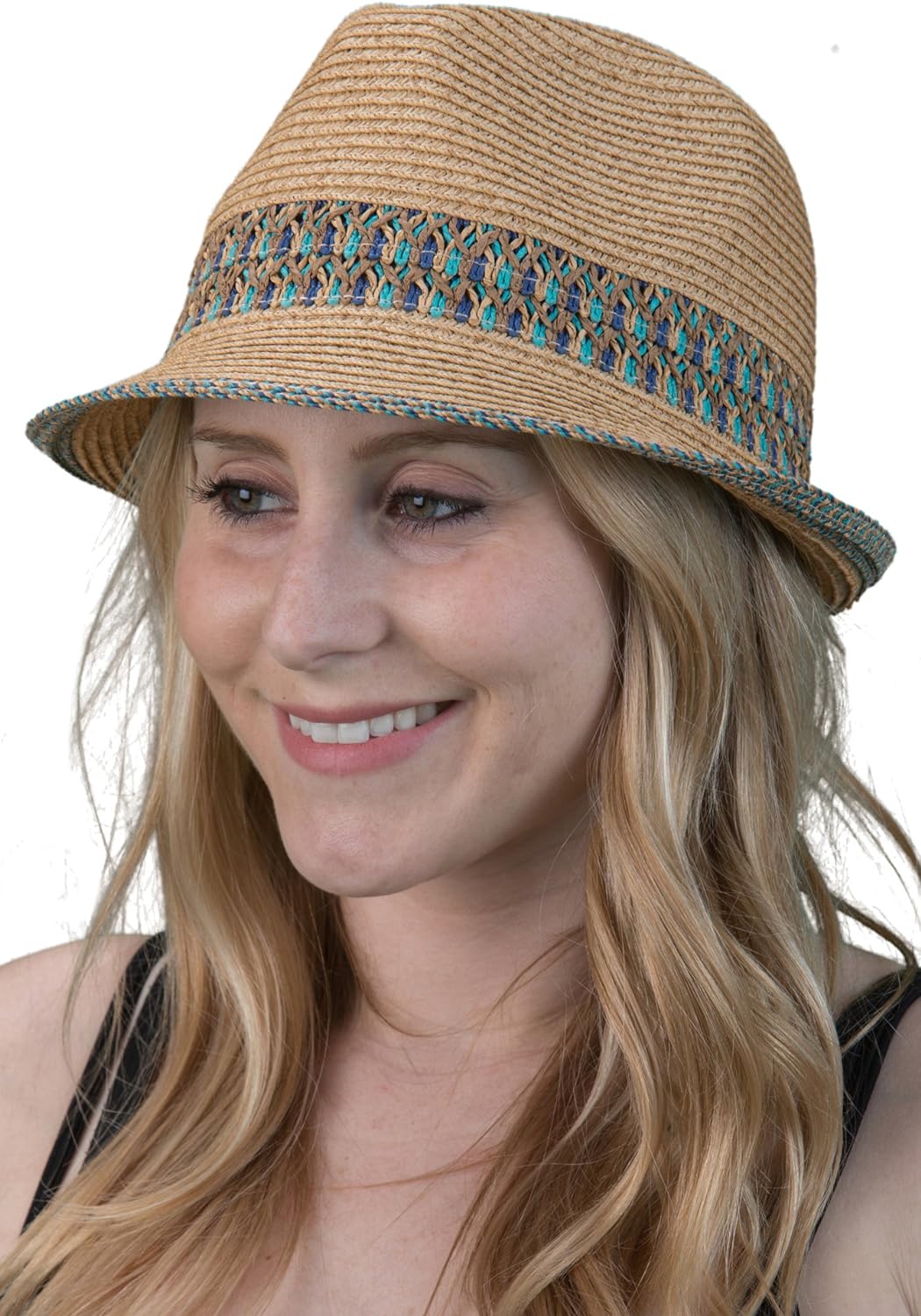 Funky Junque UPF50+ Womens Adjustable Multicolor Woven Pattern Short Brim Fedora Hat