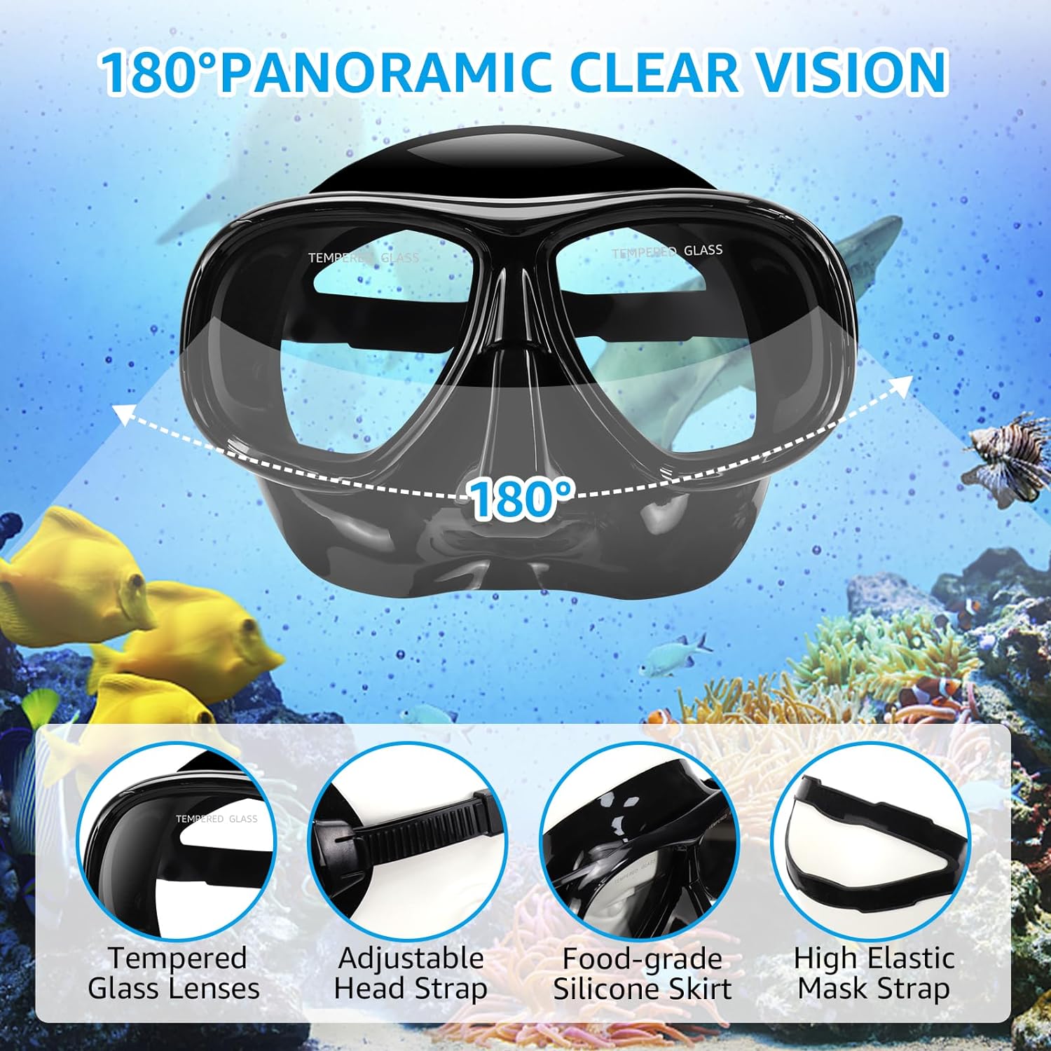 Snorkeling Gear for Adults, Snorkel Mask Adult Set Wide View Scuba Mask Anti-Leak and Anti-Fog Tempered Glass Lens Dry Top Mask Nose Cover for Youth