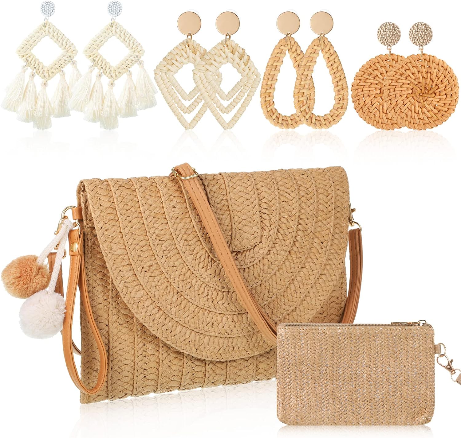 Straw Clutch Purse for Women Rattan Earrings Set Summer Beach Straw Bag Boho Handbag Woven Wallet for Girl Vacation