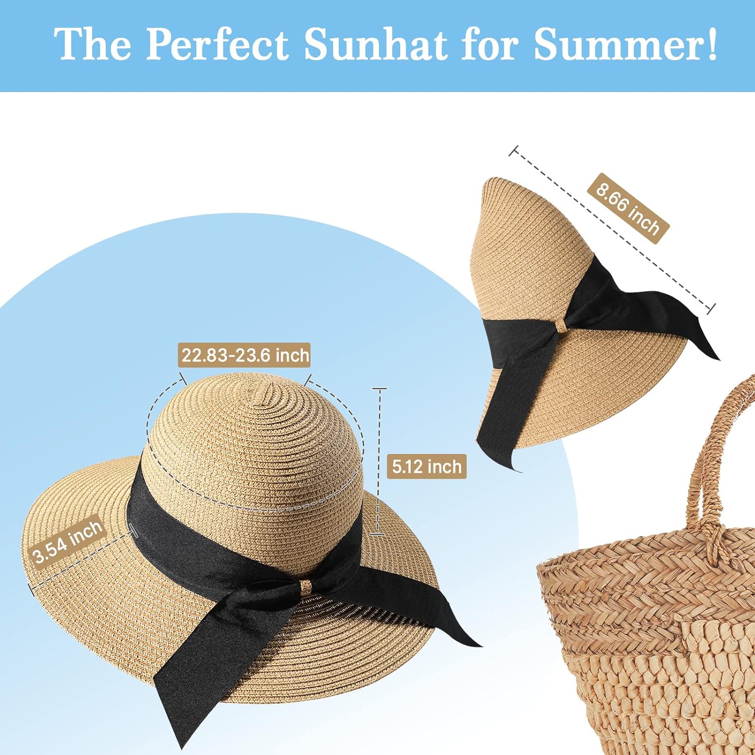 Beach Sun Hats for Women, Straw Hat for Women UPF 50+ UV Sun Protection Summer Hat Foldable Roll up Cap