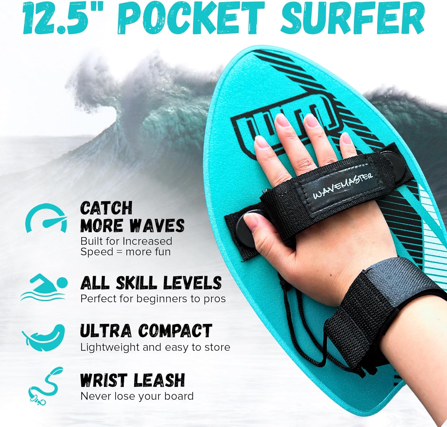 WM 12" Pocket Surfer Hand Body Board - Ultra Hard Slick Boogie Boards for Beach Kids, Bodyboard w Adjustable Strap Bodyboard Wrist Leash Boogie Boards for Kids & Adults