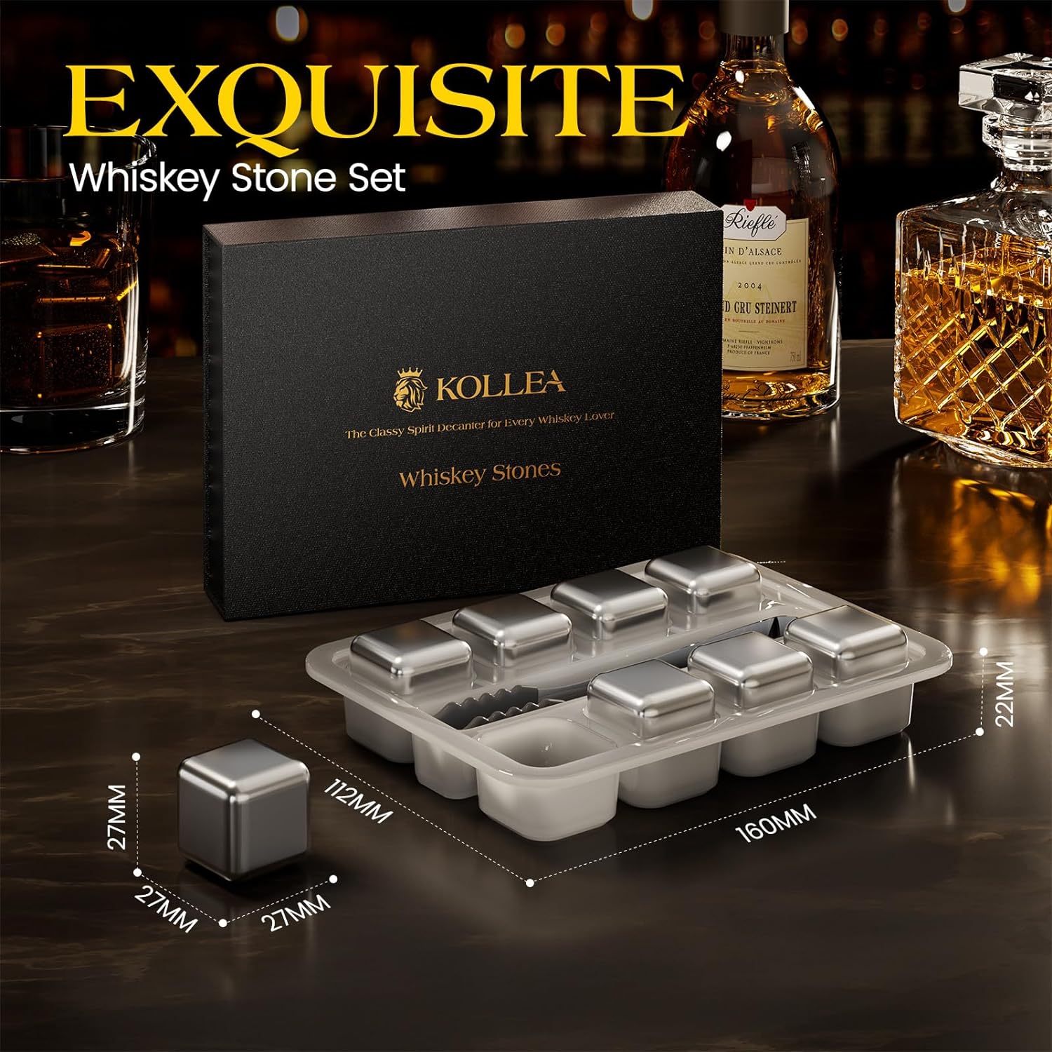 Kollea Whiskey Stones, 8 Packs Stainless Steel Whiskey Chilling Rocks, Reusable Ice Cube for Drinking, Fathers Day Birthday Gift for Men Whiskey Lovers, Bourbon, Cognac, Scotch, Gin, Beverage