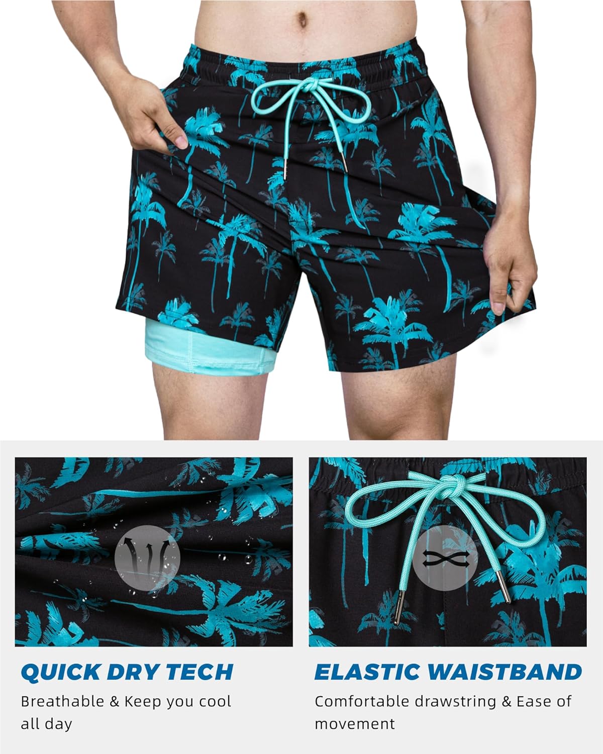 SURF CUZ Mens Swim Trunks with Compression Liner 5" Swim Shorts Quick Dry Bathing Suit Swimming Trunks Zipper Pockets