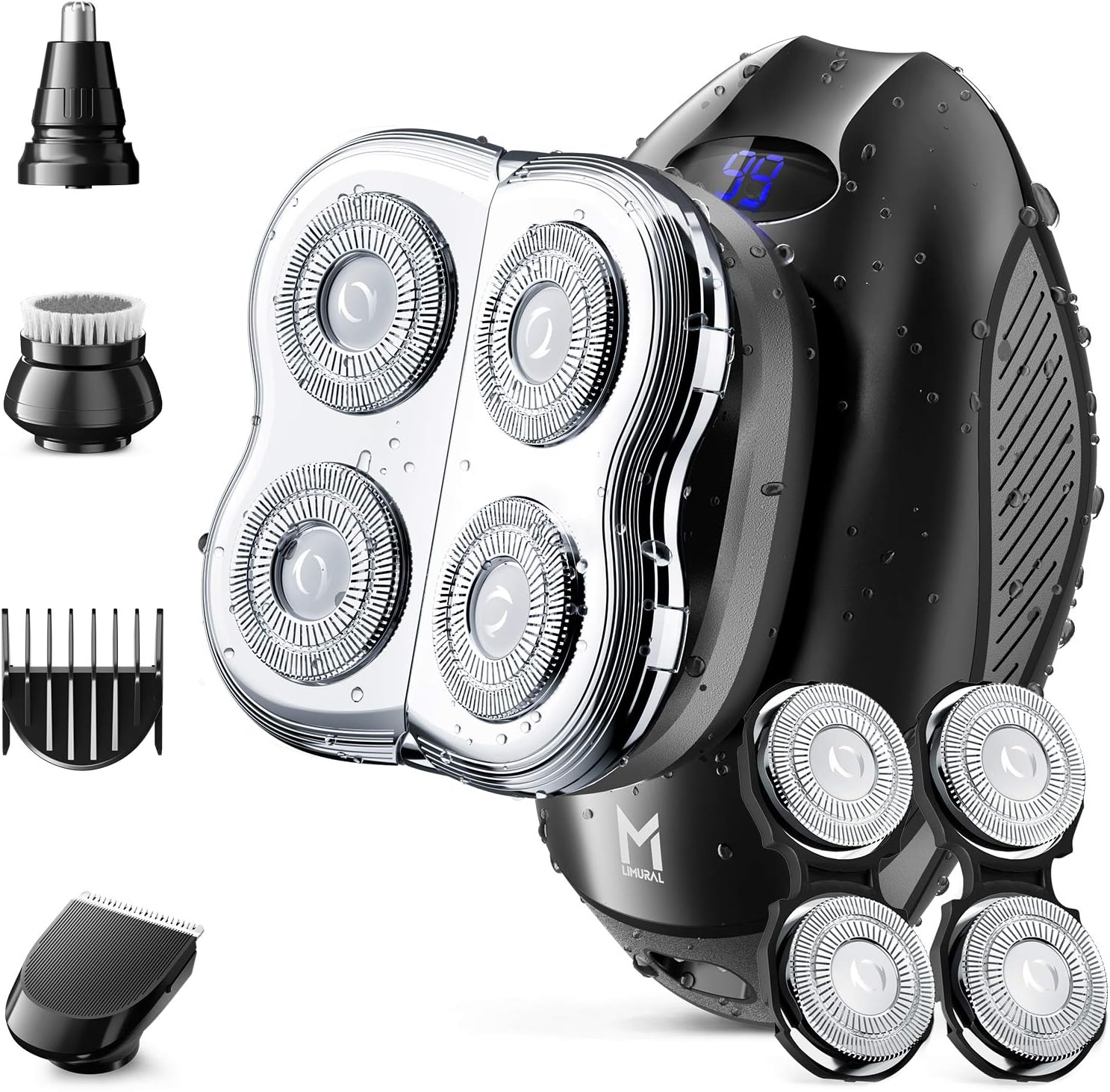 Limural Head Shavers for Bald Men, Electric Rotary Shaver Razor with Extra 2 Blade Sets Wet&Dry, 4-in-1 Small LED Mens Grooming Kit Cordless Rechargeable with Nose Trimmer, Hair Clipper (Black)