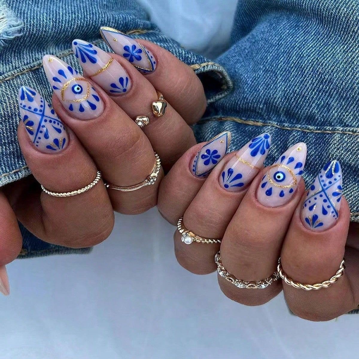 Almond Press on Nails Short Fake Nails Blue Flower Totem Pattern Almond Nails Press on Acrylic Full Cover Summer Glue on Nails Sweet Cool False Nails Stick on Nails for Women Gel Fake Nails Kit 24PCS