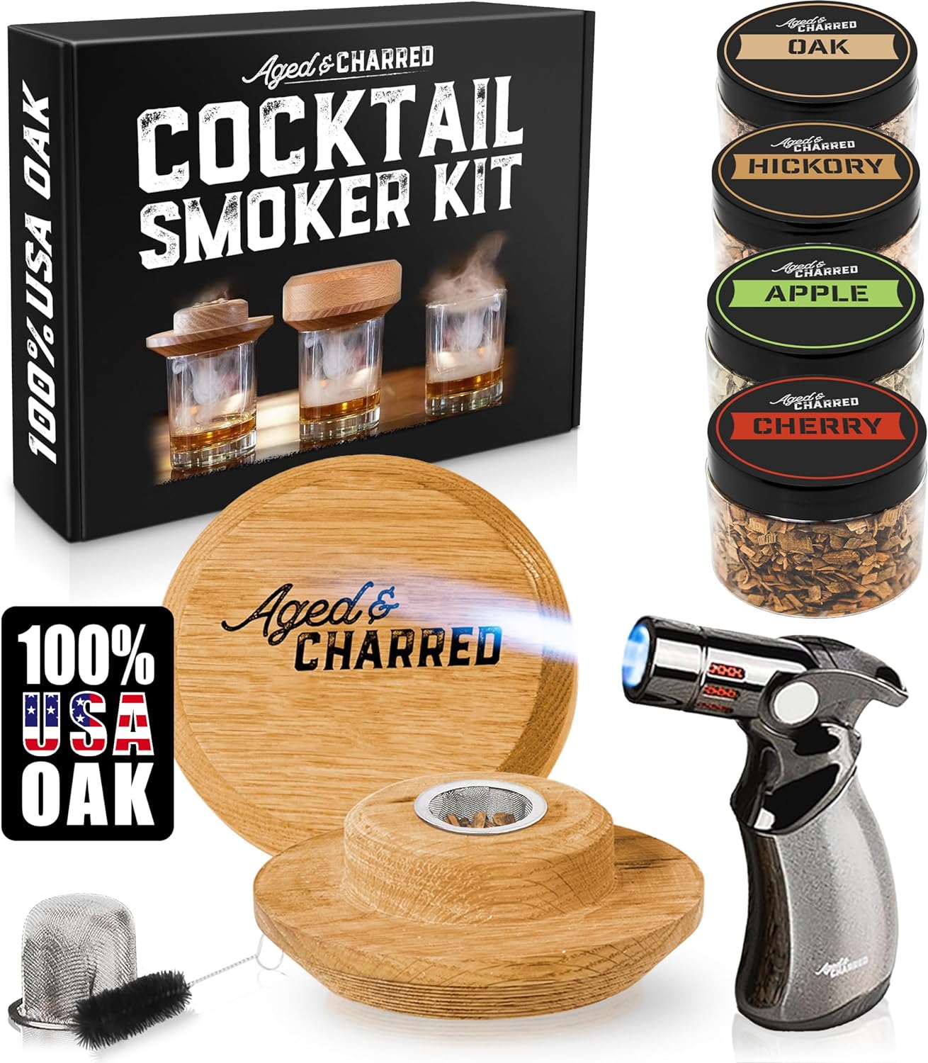 Cocktail Smoker Kit with Torch - High-End Set, USA Oak, Fine Wood Chips - Old Fashioned Cocktail Kit for Whiskey - Bourbon Gifts for Men - Gift from Wife, Daughter, Son (No Butane)