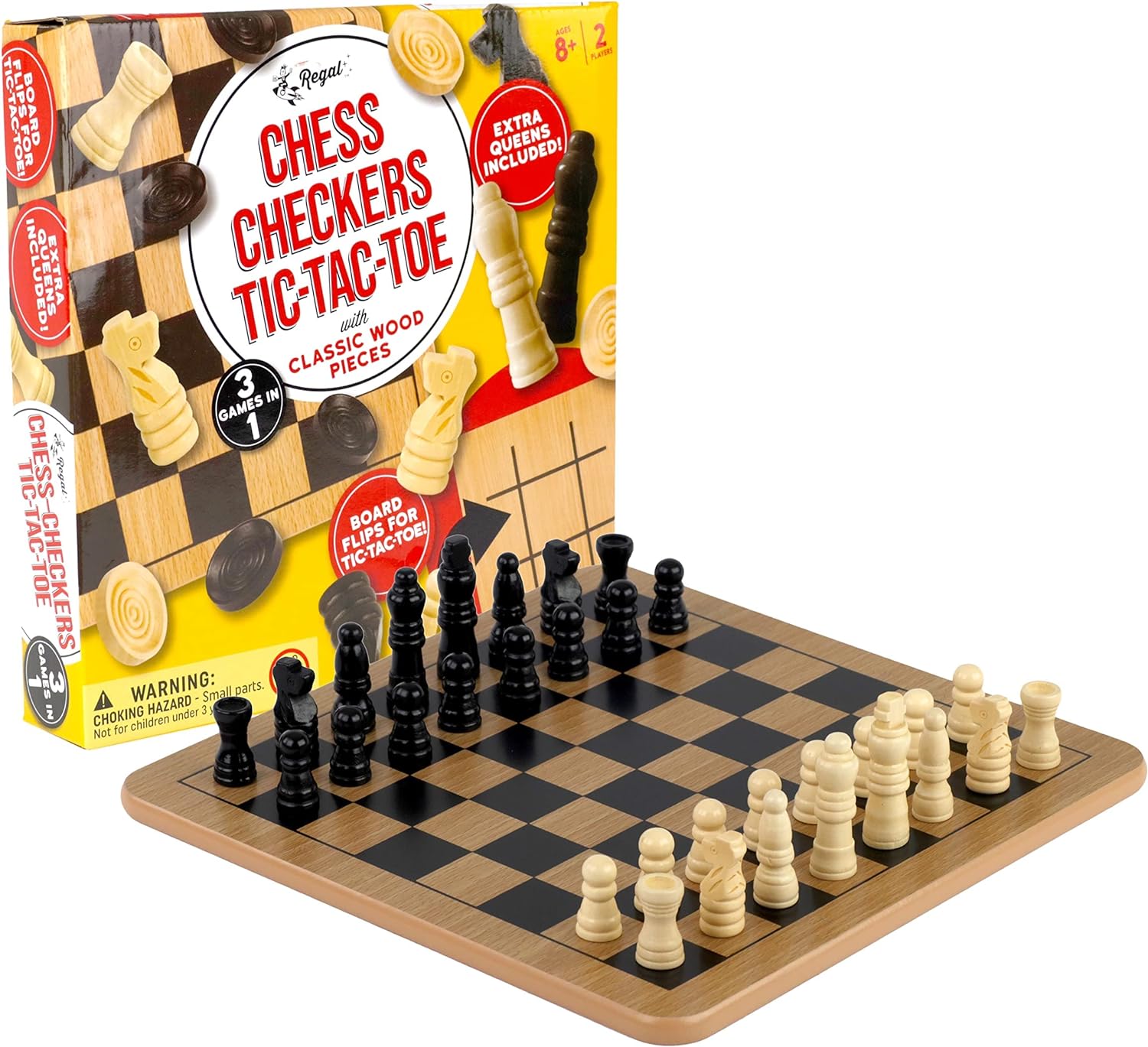 Regal Games - Reversible Wooden Board for Chess, Checkers & Tic-Tac-Toe - 24 Interlocking Wooden Checkers and 32 Standard Chess Pieces - for Age 8 to Adult for Family Fun