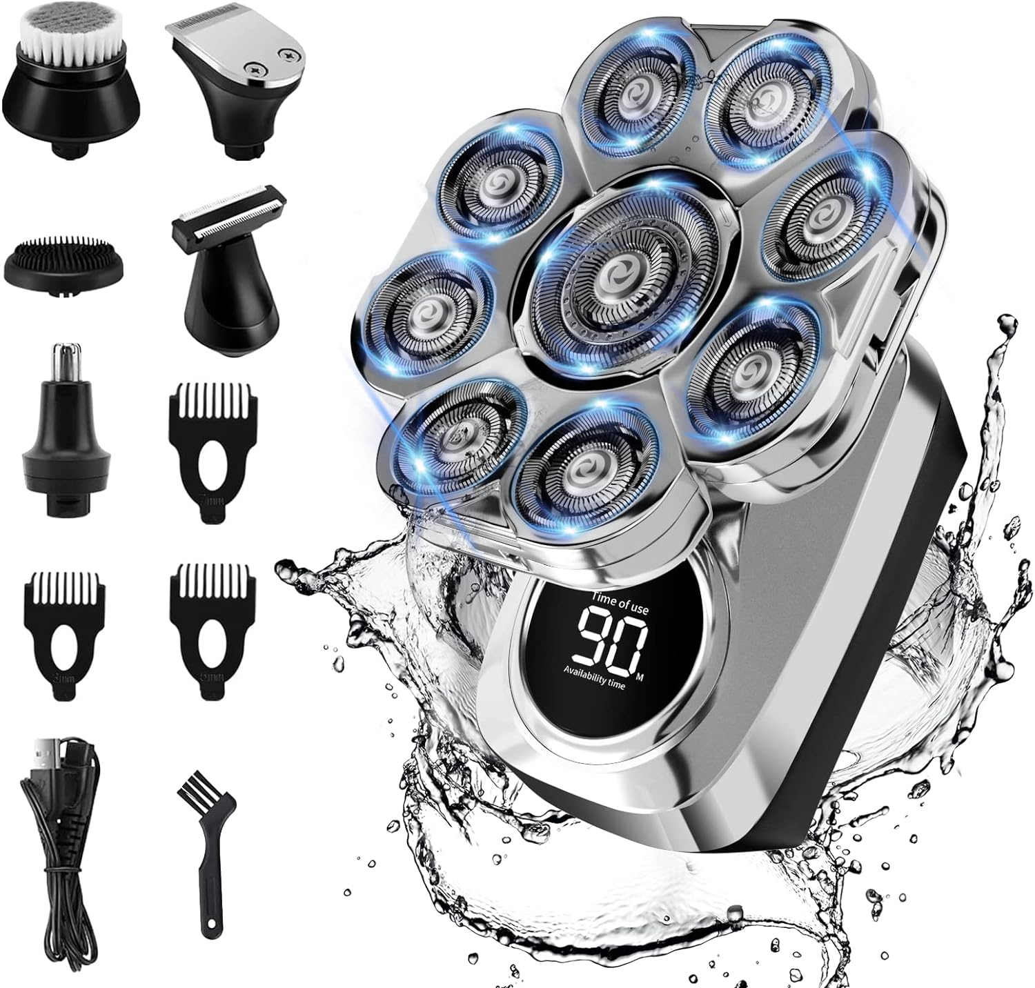 Head Shaver for Bald Men, 6 in 1 Electric Shavers IPX6 Waterproof Mens Electric Razor with LED Display, Wet/Dry Mens Grooming Kit, Rechargeable Rotary Shaver Multifunctional Beard Hair Trimmer