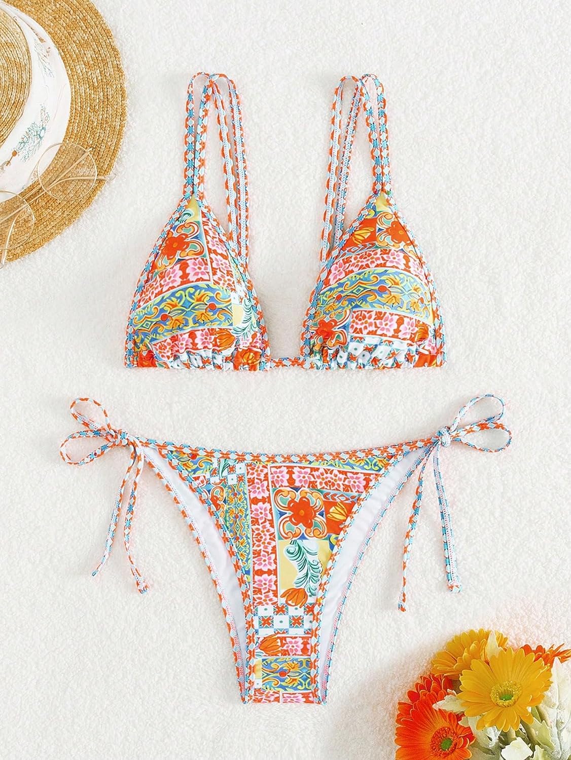 MakeMeChic Women's Two Piece Bathing Suit Floral Triangle Swimsuit High Cut Tie Side Bikini Sets