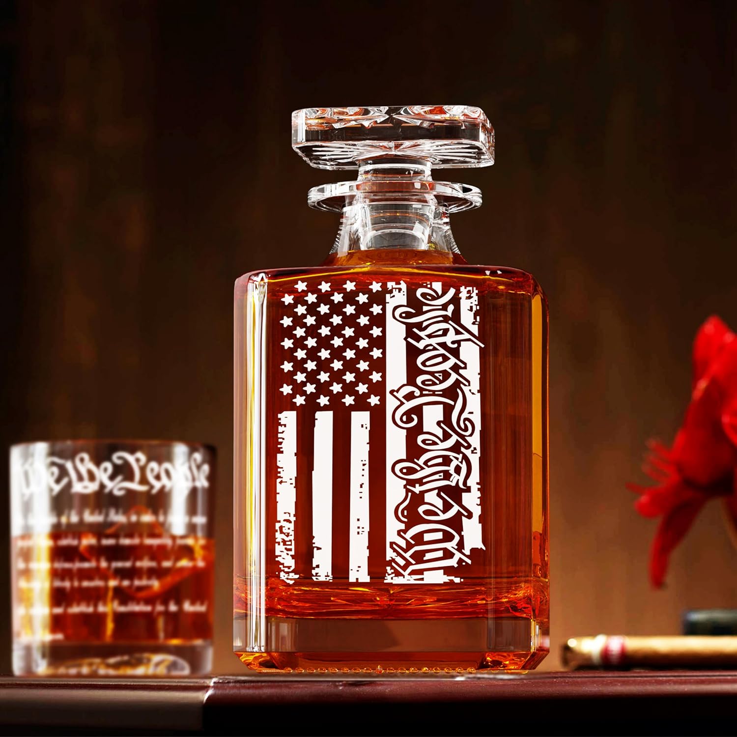 Whiskey Decanter Engraved We The People American Flag Decanter Set with 2 Glasses for Liquor Scotch Bourbon or Wine, Father's Day Patriotic Gift