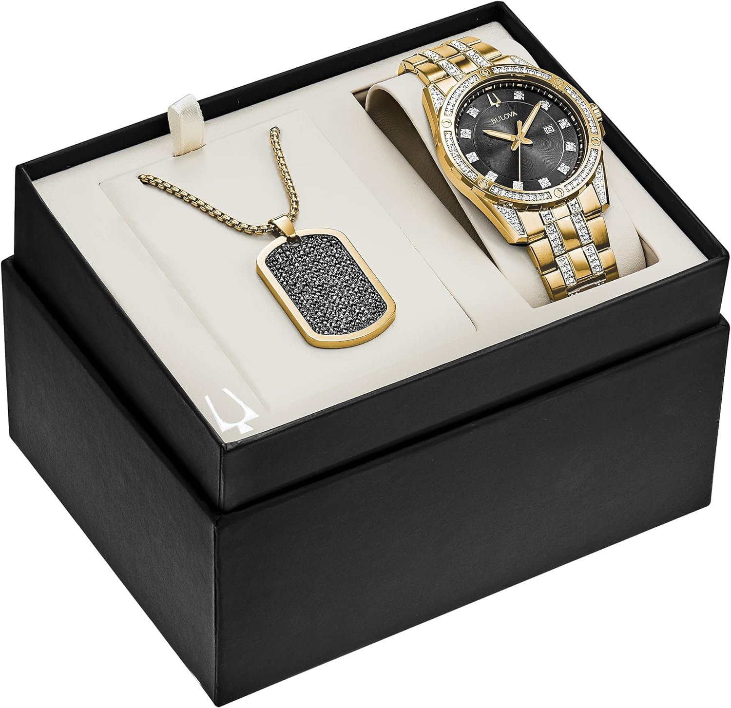 Bulova Men's Crystal Accented Gift Set with 3-Hand Date Quartz Watch and Dog Tag Box Chain Necklace