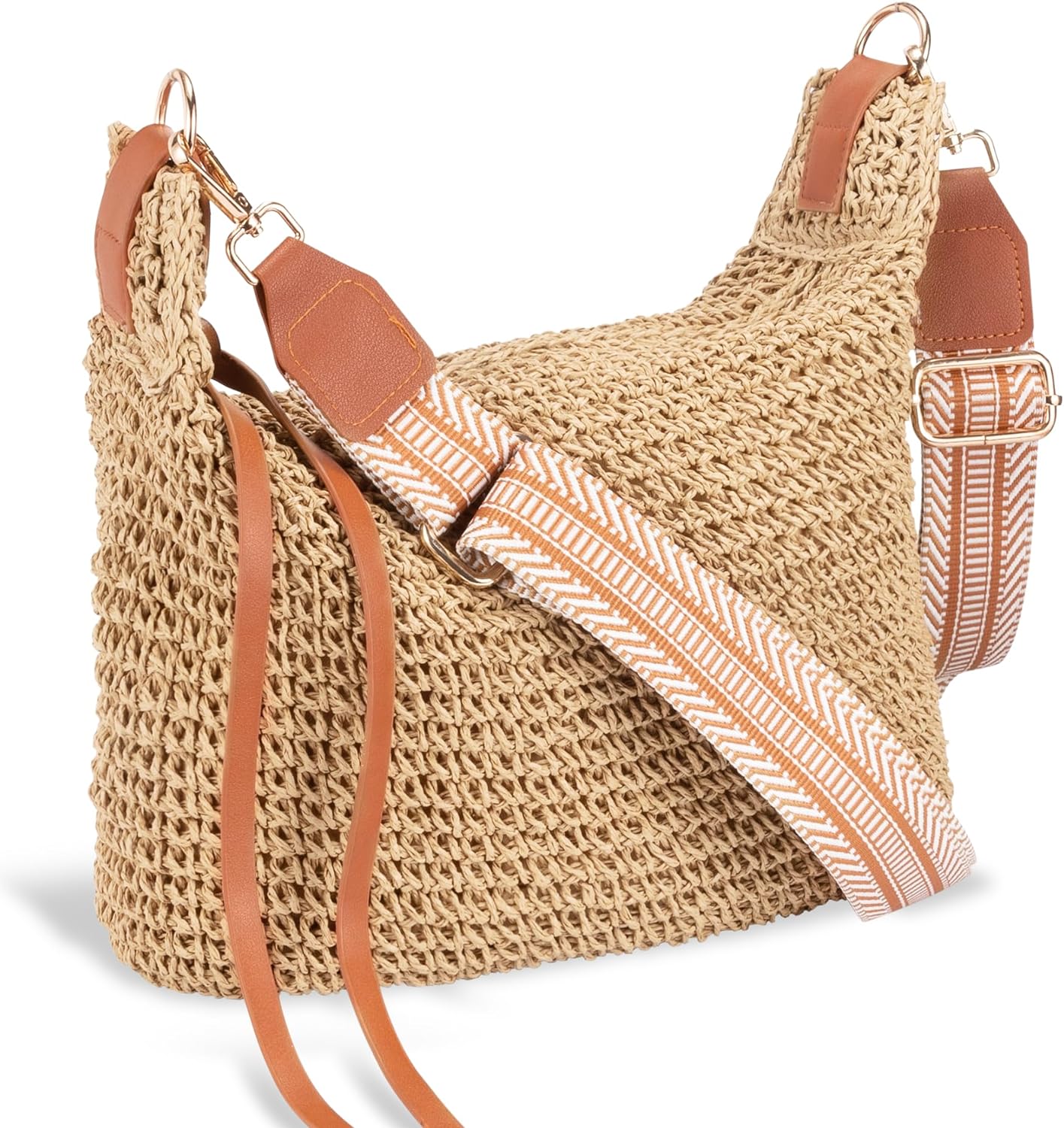 Straw Bag for Women - Summer Beach Crossbody Bag - Handmade Zipper Straw Purse