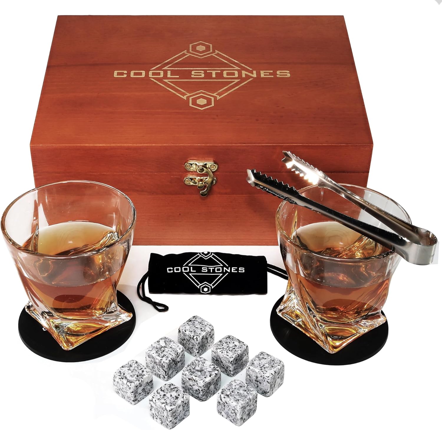 Whiskey Glass Gift Set - 2 Whiskey Glasses and Whiskey Stones with Tongs in Velvet Bag All Presented in an Elegant Wooden Box for Men (Classic-Wood-White-Rocks)