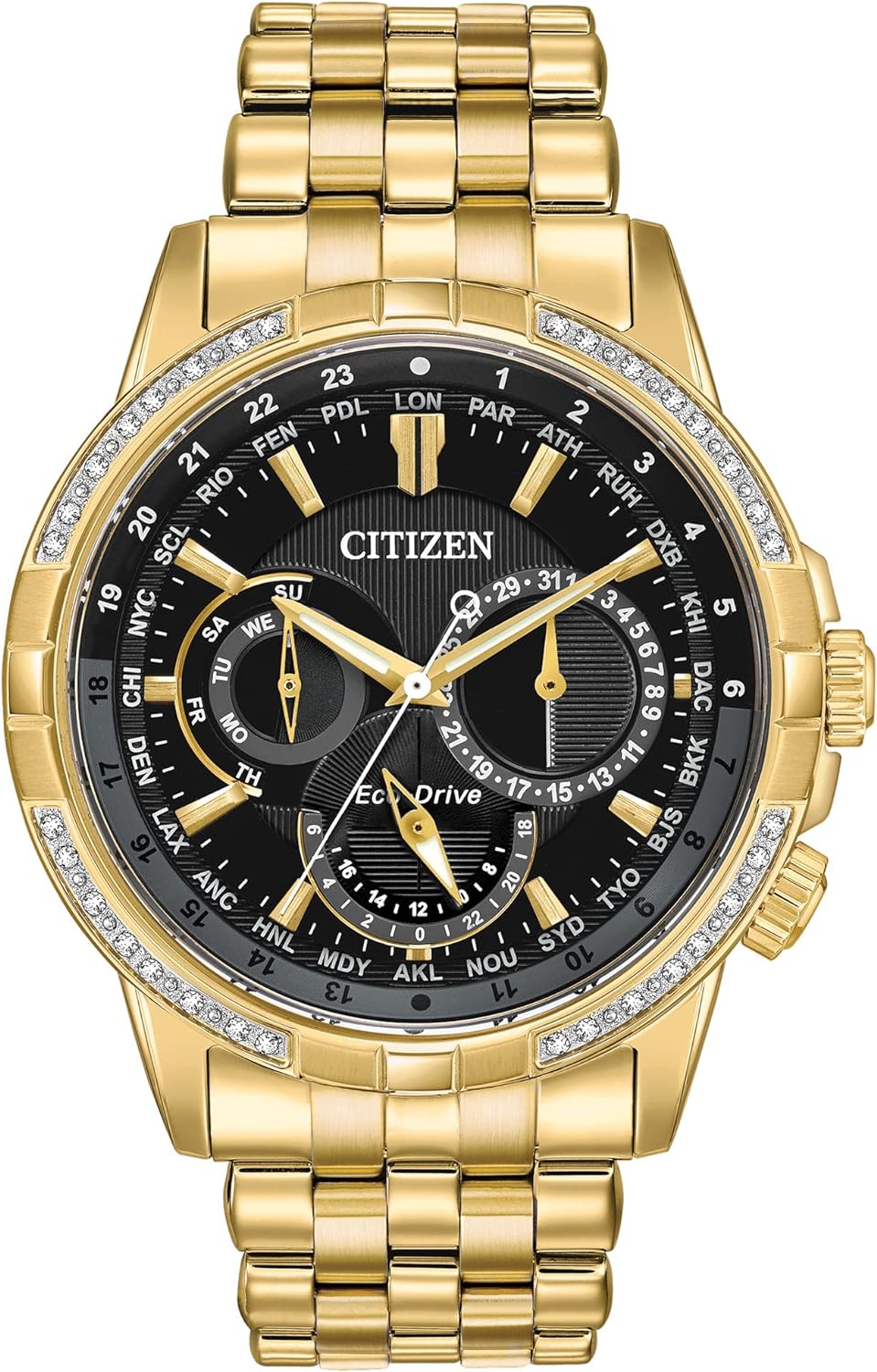 Citizen Men's Eco-Drive Classic Calendrier Watch in Gold-Tone Stainless Steel, Diamonds, Black Dial (Model: BU2082-56E)