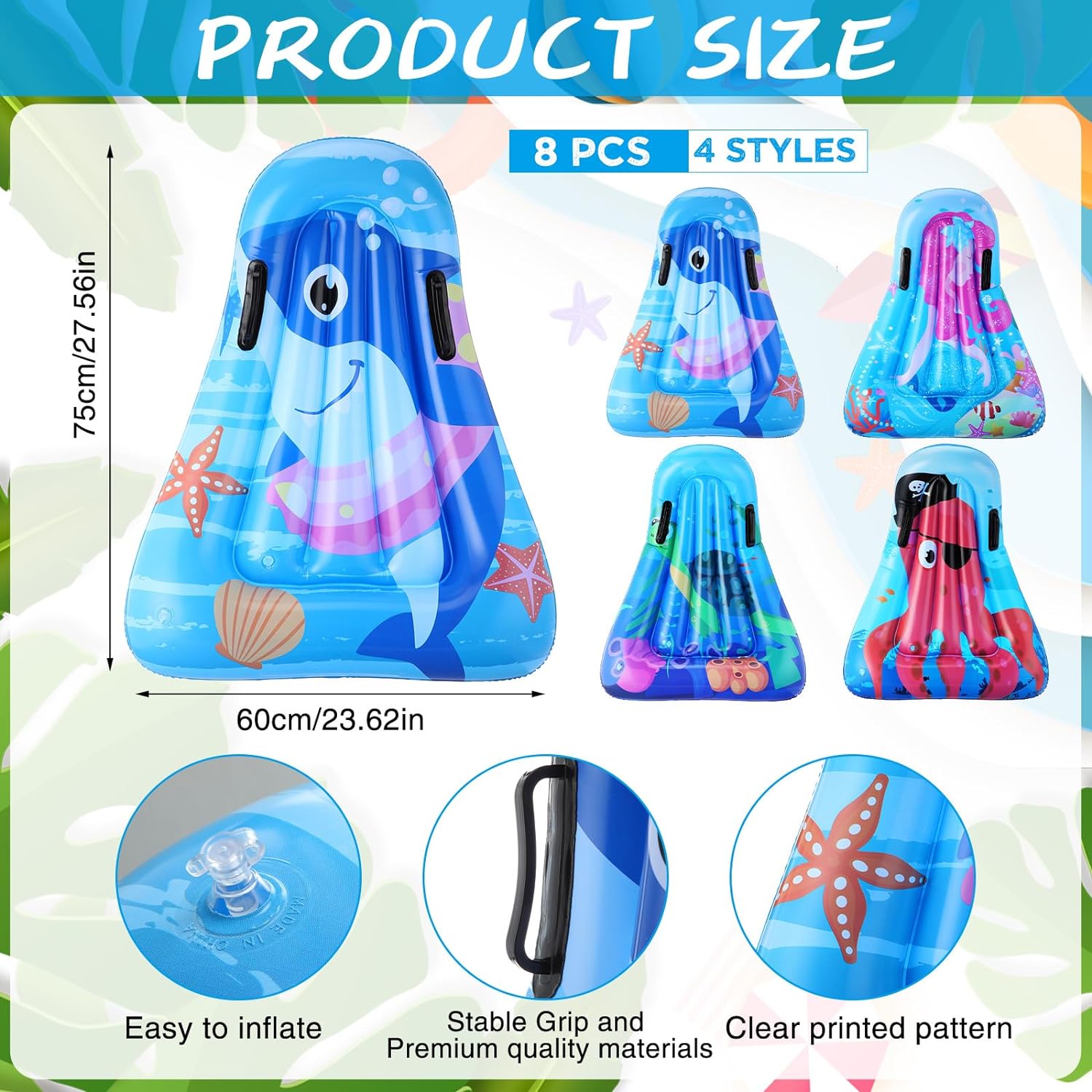 Inflatable Surfboard Kids Inflatable Board with Handles Inflatable Board for Kids Shark Mermaid Turtle Octopus Pool Floating Surfboard for Kids Summer Pool