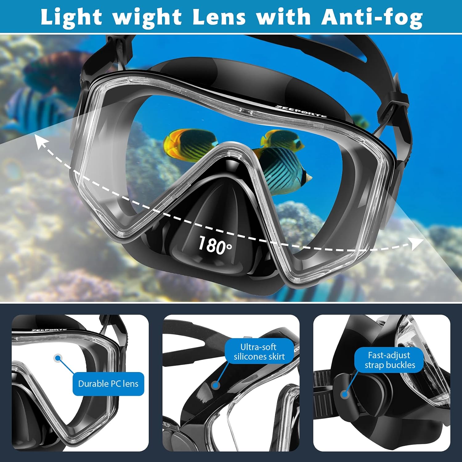 Snorkeling Gear for Adults Kids - Mask Fins Snorkel Set with Panoramic View Snorkel Mask Anti-Fog Anti-Leak, Dry Top Snorkel, Dive Flippers and Gear Bag, Snorkeling Diving Safety Gear