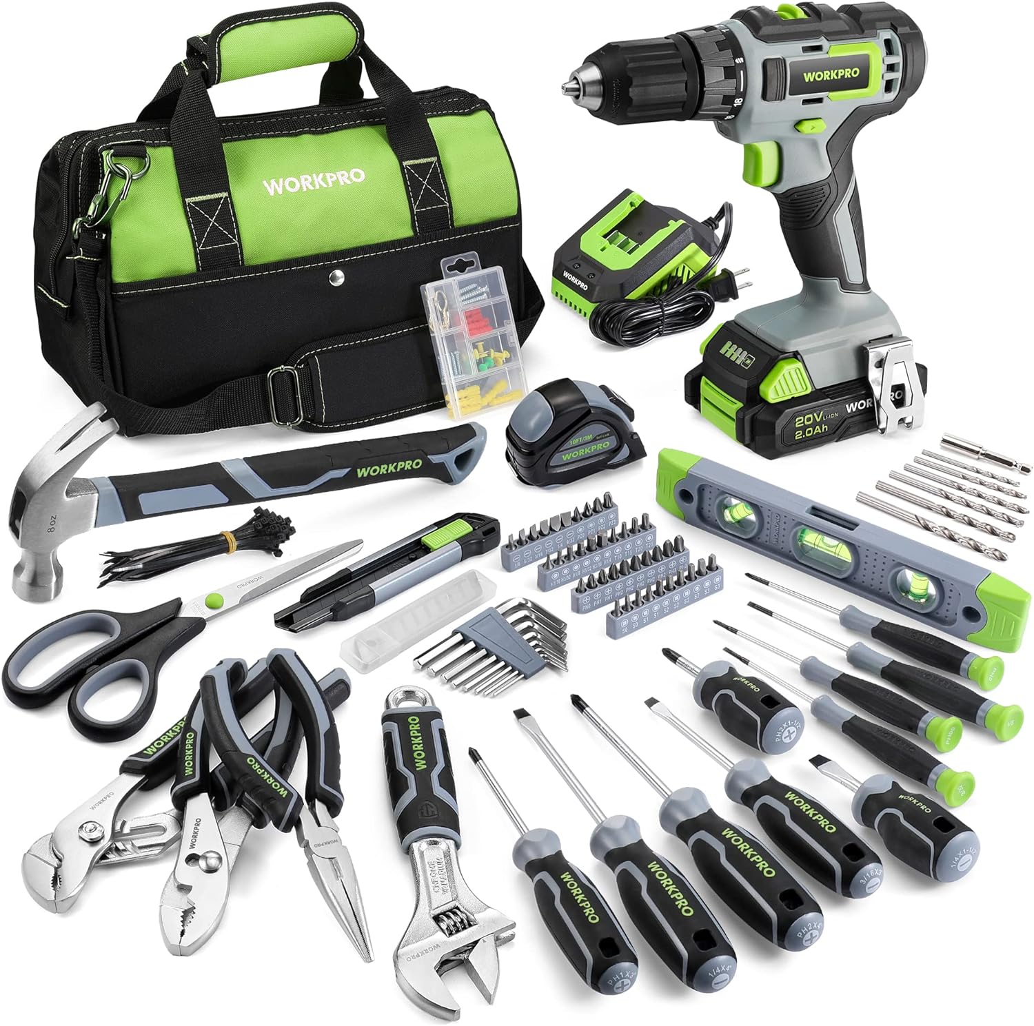 WORKPRO Home Tool Set with Power Drill, 157PCS Power Drill Sets with 20V Cordless Lithium-ion Drill Driver, Home Tool Kit for All Purpose, Cordless Drill Set Combo Kit With Tool Bag