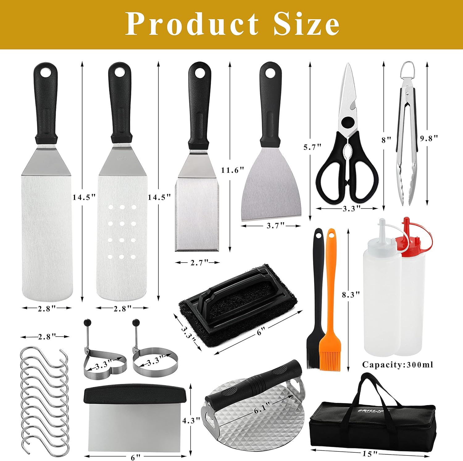 Grilljoy Griddle Accessories Kit Set for Hibachi Grill Flat Top - 26PC Non-Slip Grill Spatulas Set with Cleaning Pad, Burger Press, Egg Rings for Camping Grilling - Ideal for Men Women