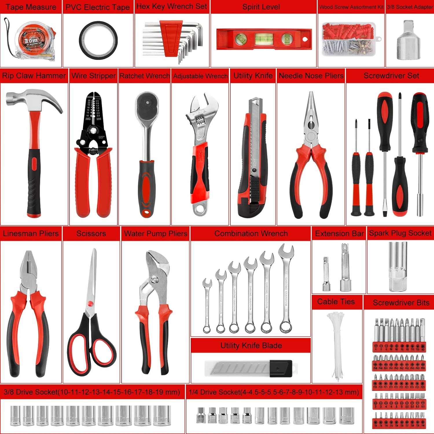 Home Tool Kit 287PCs - Complete Repair General Hand Tool Set for Men Women - Household Tool Kit for Home Improvement with Hammer & Pliers Set & Ratchet Wrench & Socket & Protable Tool Box Case