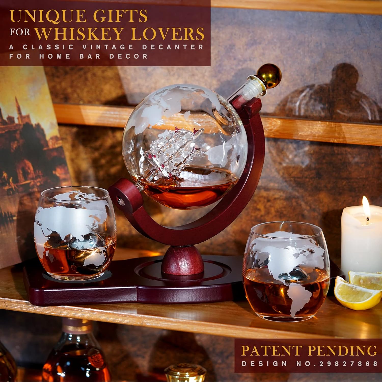 Gifts for Men Dad Fathers Day, Whiskey Decanter Globe Set with 2 Ball Stones & 2 Glasses, Anniversary Birthday Gifts for Him Husband Boyfriend, Unique Gift for Bourbon Scotch Liquor, Cool Stuff