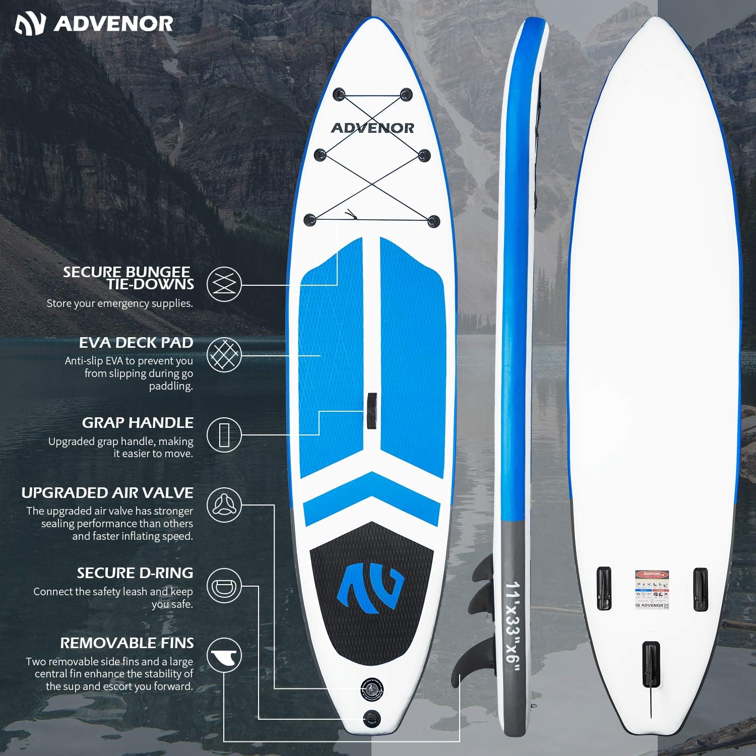 ADVENOR Paddle Board 11'x33 x6 Extra Wide Inflatable Stand Up Paddle Board with Adjustable Paddle,Backpack,Waterproof Bag,Leash,and Hand Pump,Repair Kit