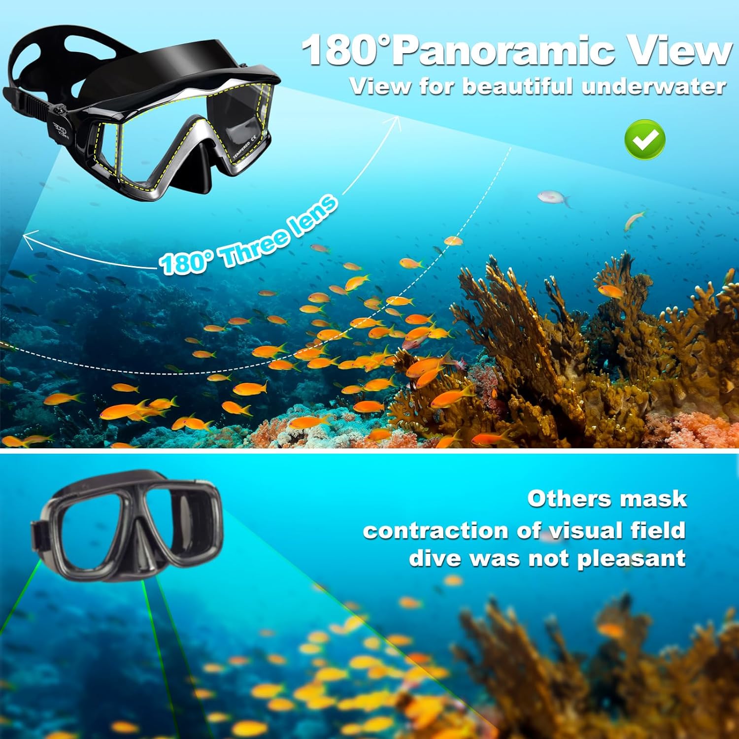 Adult Pano 3 Window Scuba Diving Mask, Tempered Glass Snorkel Mask Anti-Fog Swim Mask No Leakage Swim Goggles with Nose Cover Snorkeling Gear for Snorkeling, Freediving, Swimming