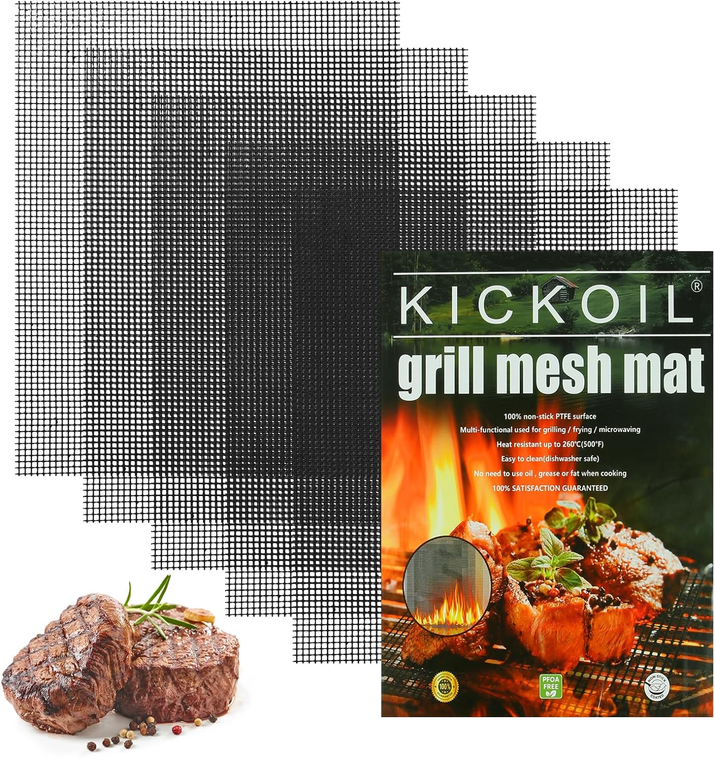 Grill Mesh Mat Set 5 Barbecue Grill Accessories Reusable Non-Stick Grill Mat for Vegetables Fish Grilling Mat Sheets for Outdoor Smoker Charcoal Gas Electric Grill BBQ Tools,XL 15.75 x 13 inch, Black