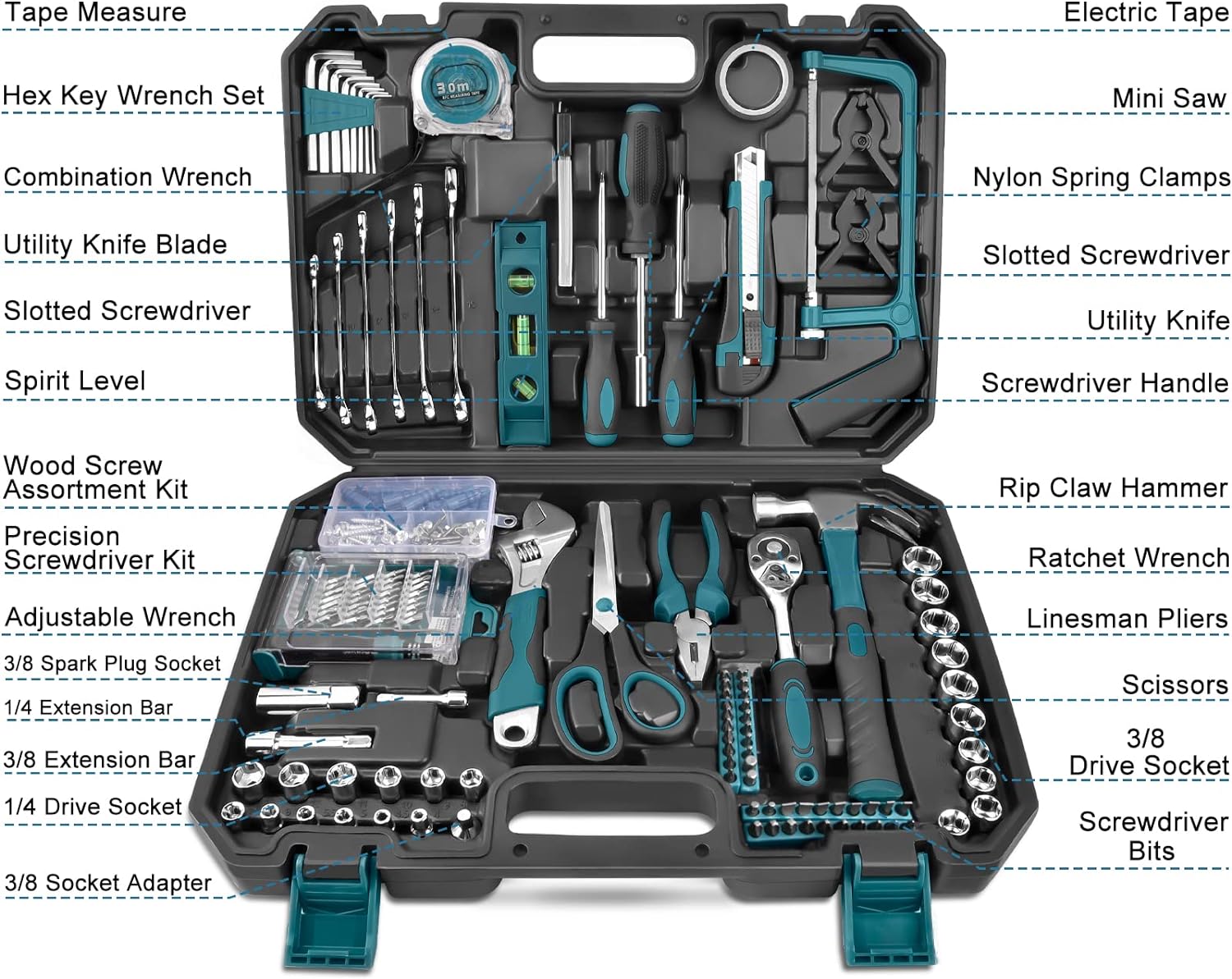 Sundpey Home Tool Kit 257-PCs - Household Basic Repair Tool Set for Men Women - General Hand Mechanic's Tool Set & Screwdriver Set & Wrench Set & Socket & Portable Tool Box Storage Case Blue