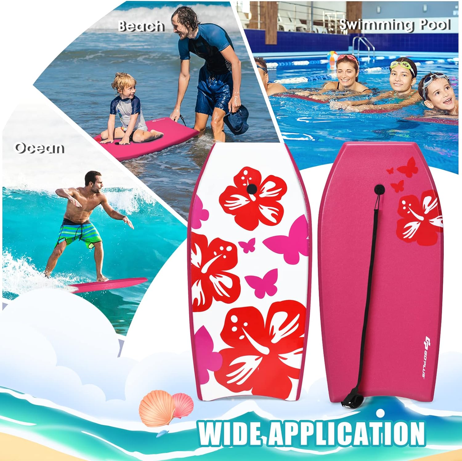 Goplus Boogie Boards for Beach, 37 Inch/41 Inch Body Board w/ EPS Core, Non-Slip XPE Deck, Wrist Leash for Ocean Pool Sea Surfing, Portable Super Lightweight Surf Board for Kids Youth Adults