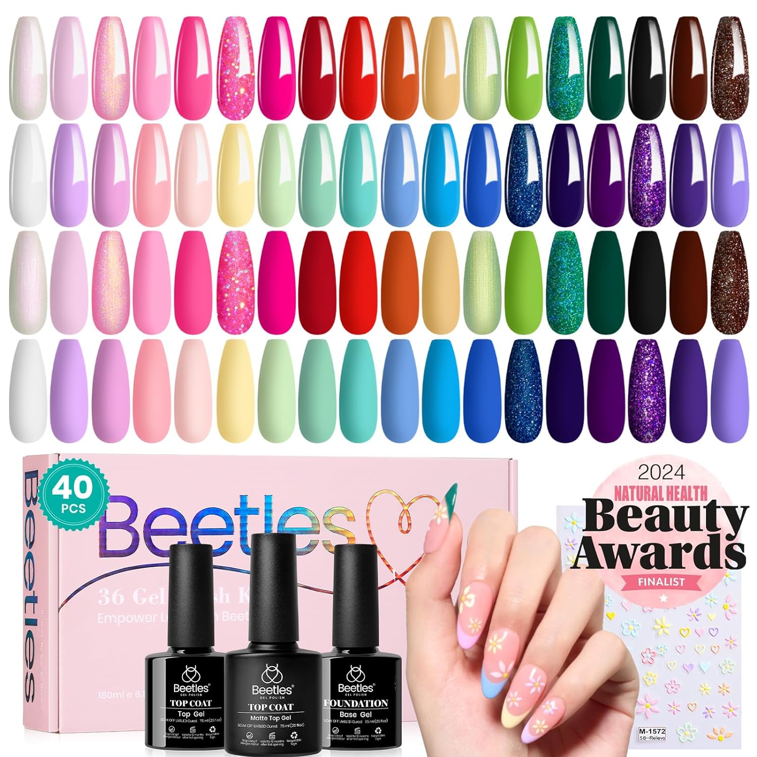 beetles Gel Polish Set 36 Colors Verse of Flower Collection Summer Neon Nail Polish Pink Green Red Iridescent Gel Polish with 3Pcs Base Top Coat Soak off Uv Lamp & Nail Art Stickers Gifts for Women