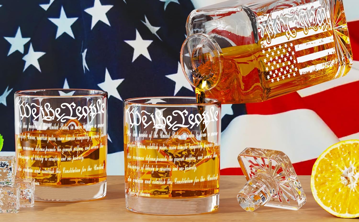 Whiskey Decanter Engraved We The People American Flag Decanter Set with 2 Glasses for Liquor Scotch Bourbon or Wine, Father's Day Patriotic Gift