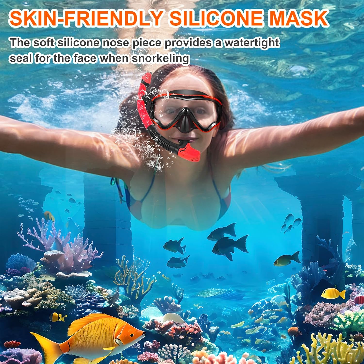 Snorkeling Gear for Adults, 180° Panoramic Wide View, Anti-Fog Lenses Scuba Diving Mask, Anti-Leak Snorkel Goggles Dry Top Snorkel, Adjustable Strap Diving Mask with Carry Bag