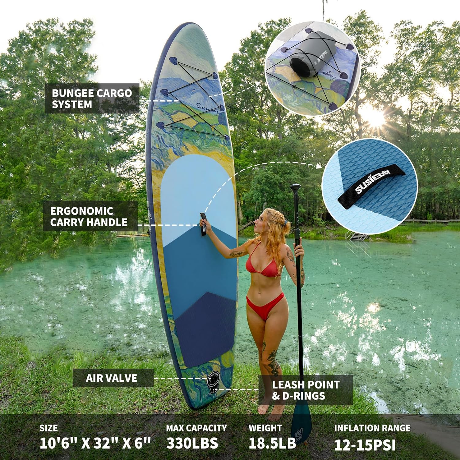 Inflatable Paddle Board, 10‘6“ Stand UP Paddle Board for Adult with SUP Accessories, Wide Stance for All Levels, Traveling Board, Sup Board,10L Waterproof Bag, Double Action Pump